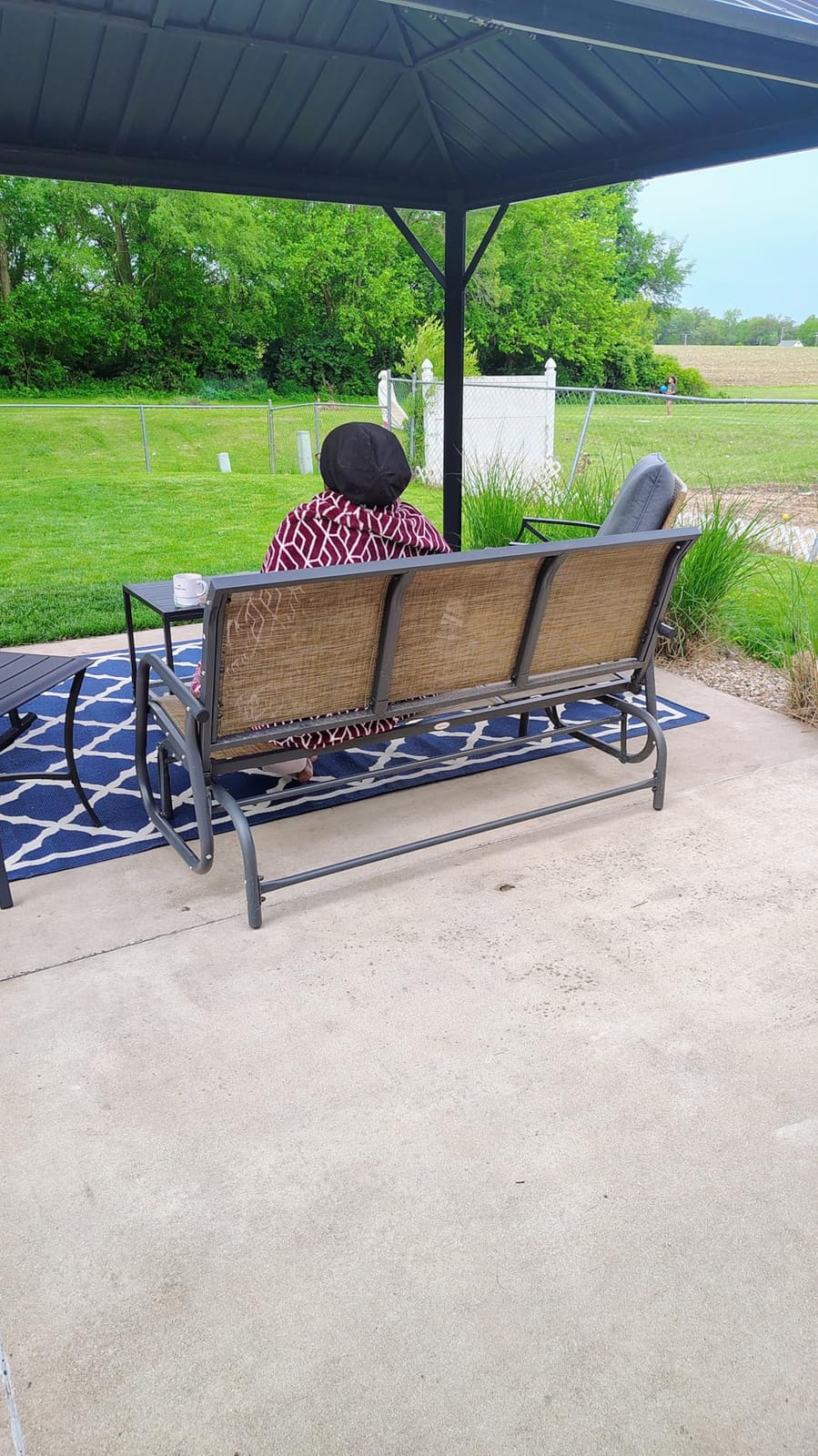 Outsunny 3-Person Patio Glider Bench, Outdoor Porch Glider Swing with 3 Seats, Breathable Mesh Fabric, Metal Frame, Light Mixed Brown customer photo 2