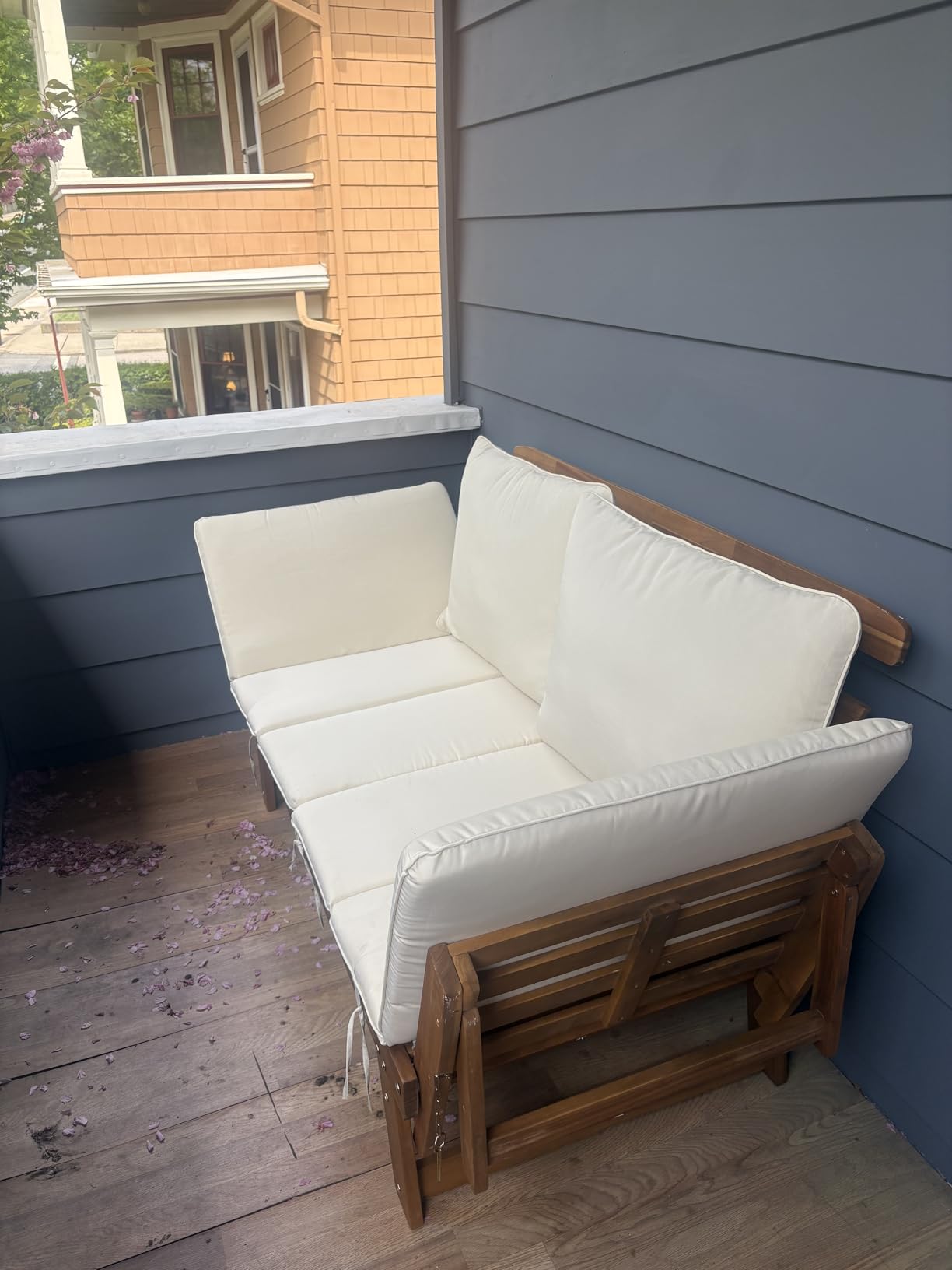 Devoko Outdoor Couch Acacia Wood Patio Couch with Adjustable Armrests, Outdoor Convertible Sofa with Removable Cushions & Pillows for Patio, Porch, Poolside(Grey) customer photo 1