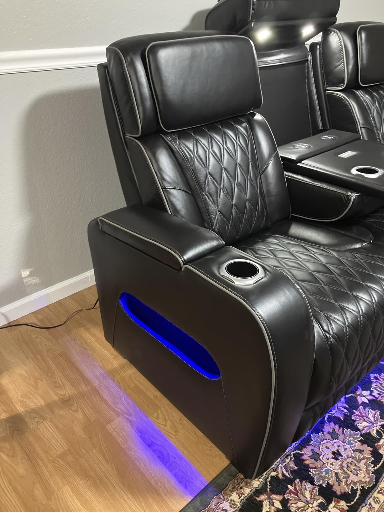 Signature Design by Ashley Boyington Contemporary Leather Match Power Reclining Sofa with USB Charging Ports, LED Lights and Adjustable Headrest, Light Gray customer photo 2