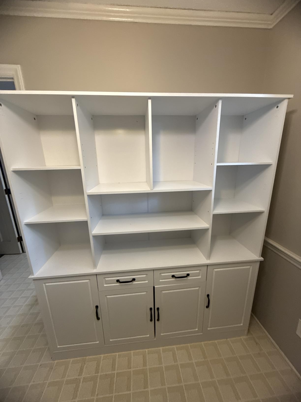 MU Kitchen Storage Cabinet with Glass Doors, Large China Hutch with 2 Drawers & 5 Adjustable Shelves, Kitchen Pantry Hutch for Home Office, Living Room, White (15.8