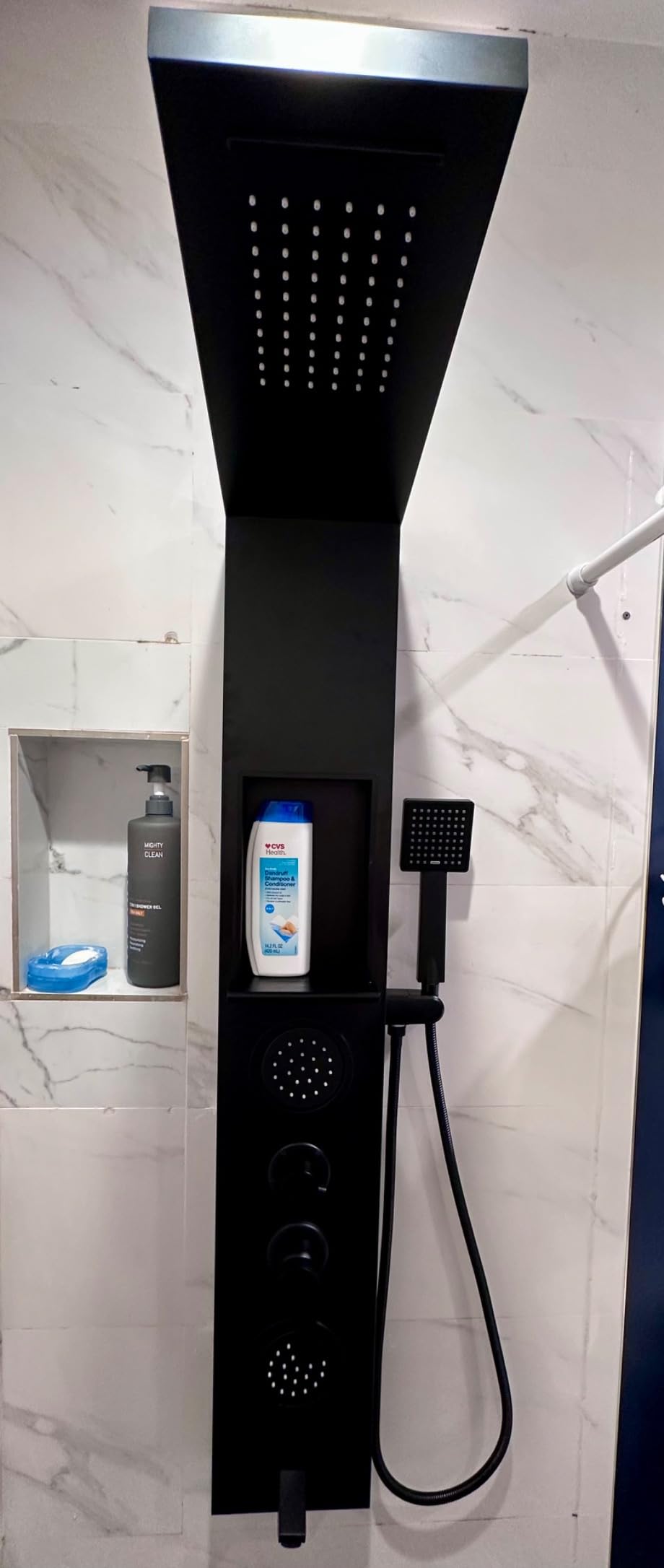 ELLO&ALLO Shower Panel System Tower with Shelf, Rainfall and Waterfall Head Rain Massage Stainless Steel Bathroom Fixtures with Adjustable Body Jets, Black customer photo 1