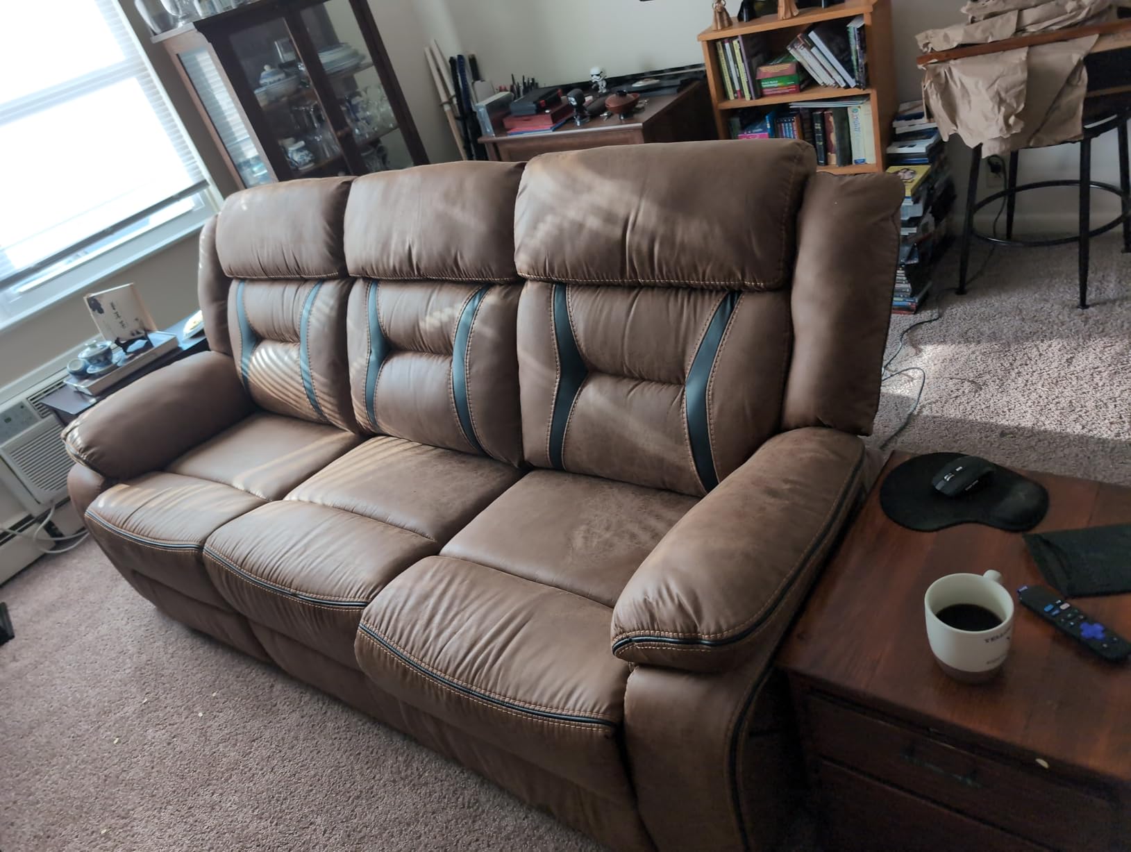 EBELLO Faux Leather Manual Reclining Sofa, 3 Seat Recliner Sofa Chair, Couch Furniture for Living Room, Furniture, Meeting Room, Dark Brown (3 Seat Sofa) customer photo 1