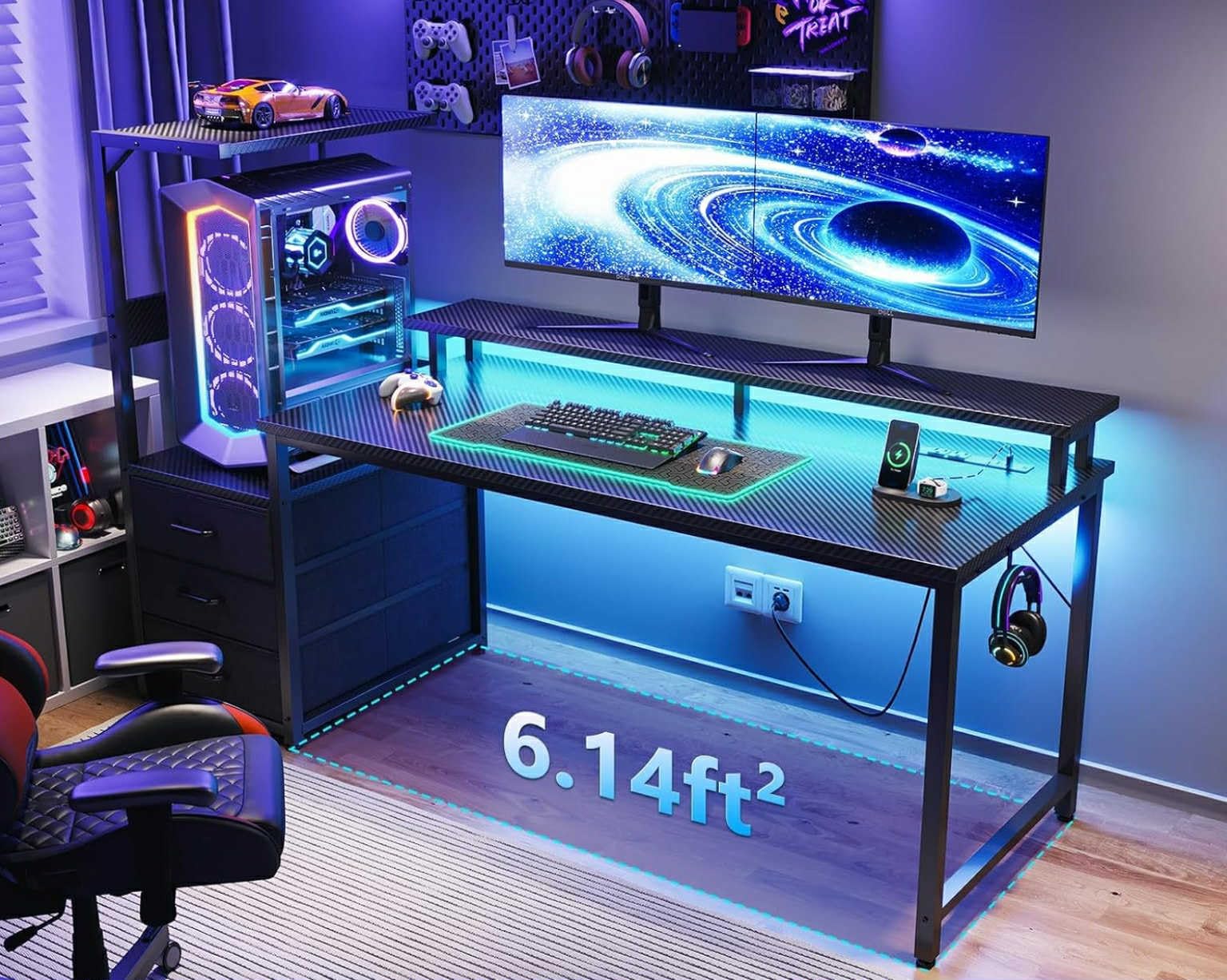 AODK 59 Inch Gaming Desk with LED Light- Reversible Computer Desk with Storage Shelves & Monitor Stand, Fabric Drawers Fits Compact PC Towers, Black customer photo 2