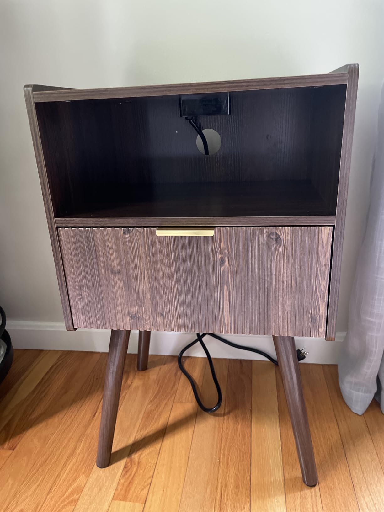 Nightstand, Modern Bedside Table with Storage Drawer and Open Wood Shelf, Walnut Brown, Solid Wood Legs, Easy Assembly customer photo 1