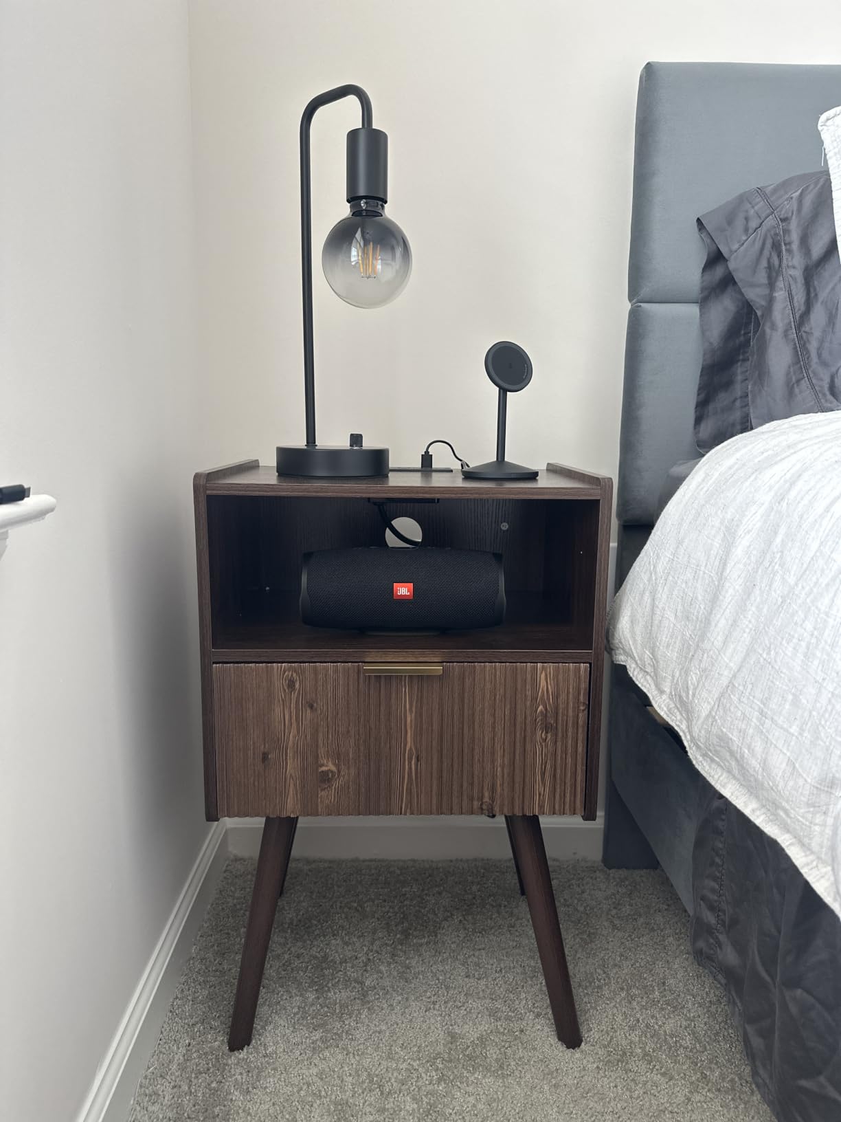 Nightstand, Modern Bedside Table with Storage Drawer and Open Wood Shelf, Walnut Brown, Solid Wood Legs, Easy Assembly customer photo 2