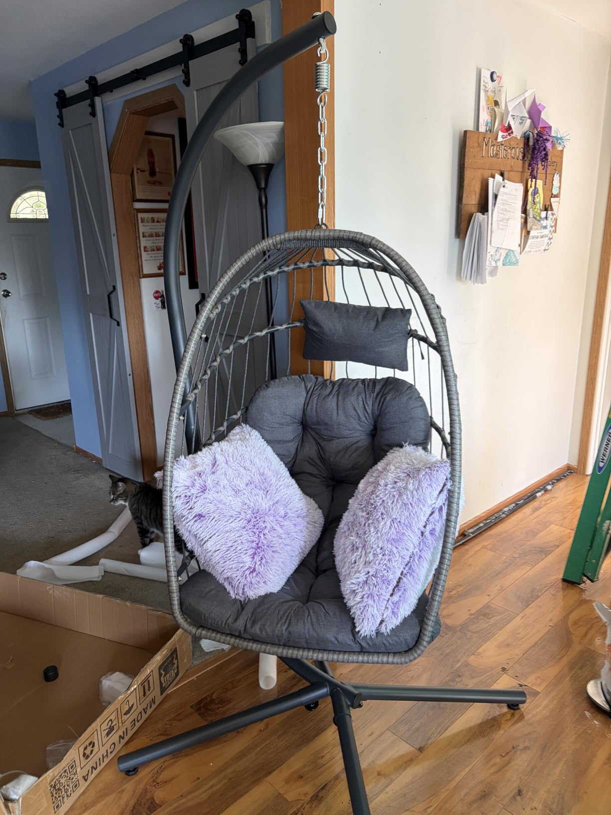SWITTE Egg Chair Outdoor with Stand, Indoor Wicker Hanging Egg Swing Chair with Cushion, 350lbs Capacity for Patio, Bedroom, Garden - Dark Grey customer photo 2