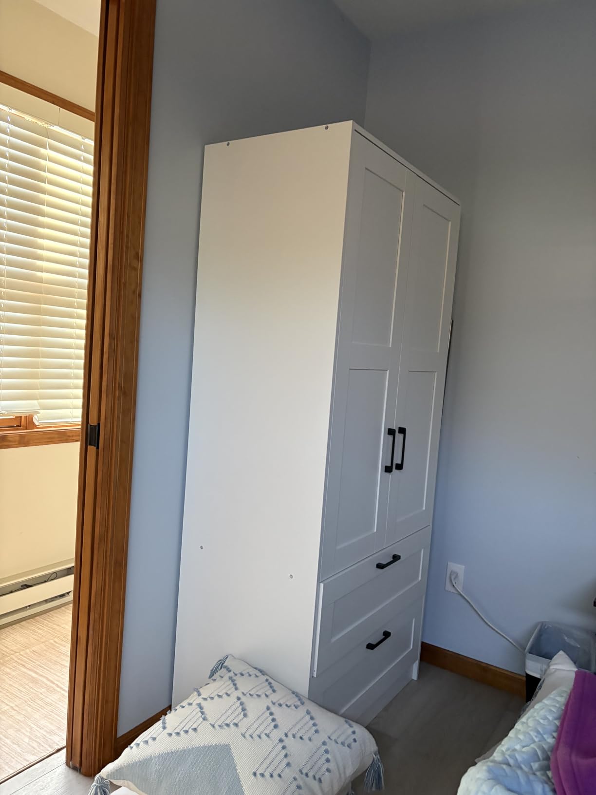 Fenghua Lizhi Wood White Wardrobe Closet with 2 Doors and 2 Drawers,Bedroom Freestanding Armoire Storage Cabinet with Shelves,Wooden Wardrobe Combination for Hanging Clothes (White 2 Drawers) customer photo 2