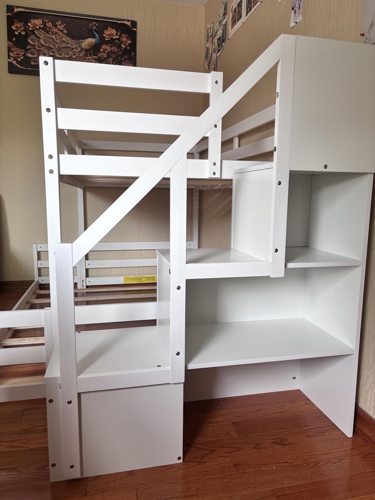 GIANTEX Twin Over Twin Bunk Bed with Stairs, Solid Wood Floor Bunk Bed with Storage Staircase & Full-Length Guardrails, Low Bunk Bed for Kids, Teens, Adults, Dorm, Small Space, White customer photo 2