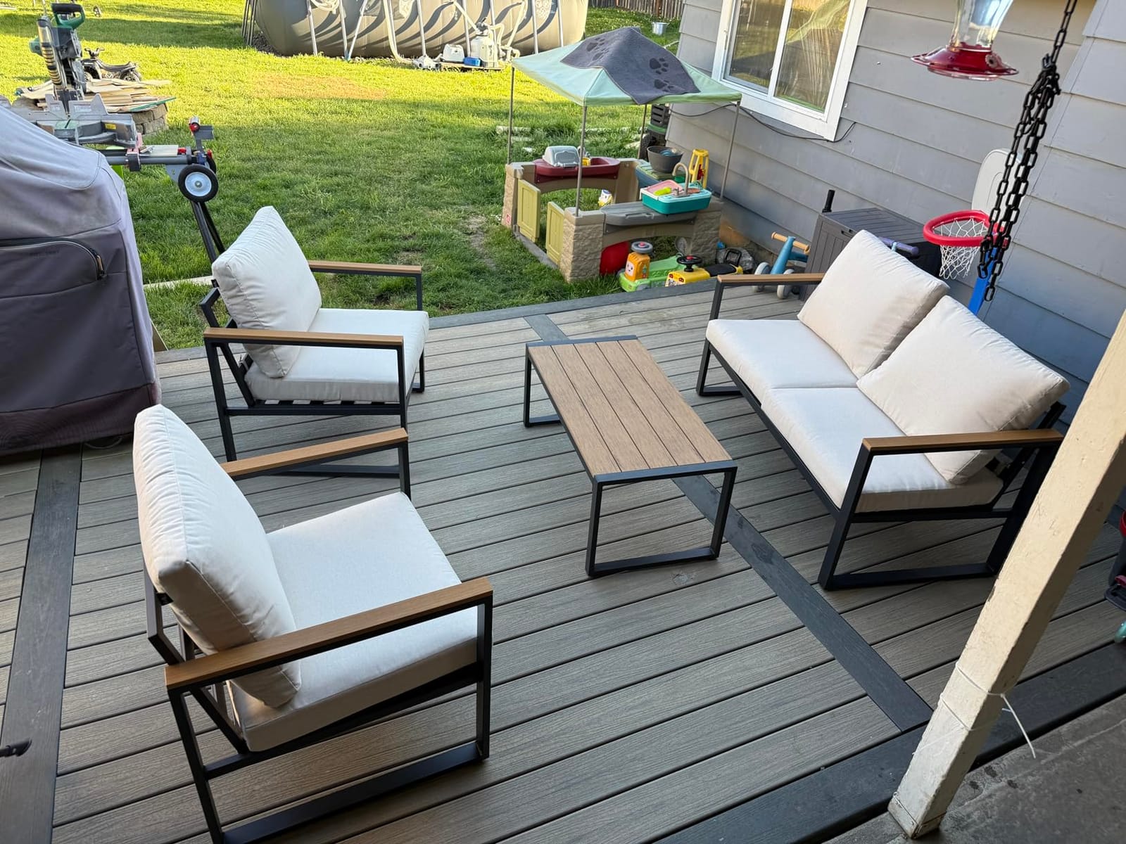 4 Pieces Metal Patio Furniture Set for Outdoor Balcony, Blue | 350LBS,With Coffee Table,Removable Cover,Water-Resistant,Rust-Resistant,Faux Wood Arm,4 Inch Cushion,For Front Porch Backyard customer photo 1