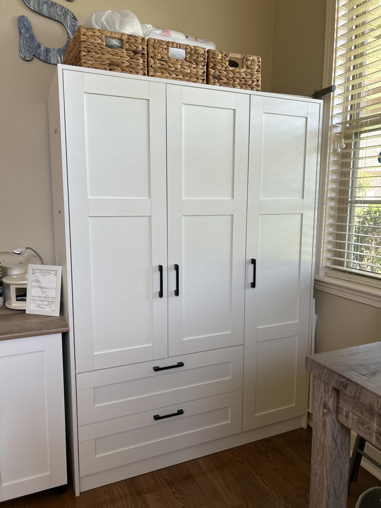 Fenghua Lizhi 3 Doors Wooden Wardrobe Closet Armoire, White Storage Cabinet for Hanging Clothes, Bedroom Large Capacity Freestanding Armoire, Wood Wardrobe Combination with Shelves (2drawer, White) customer photo 1