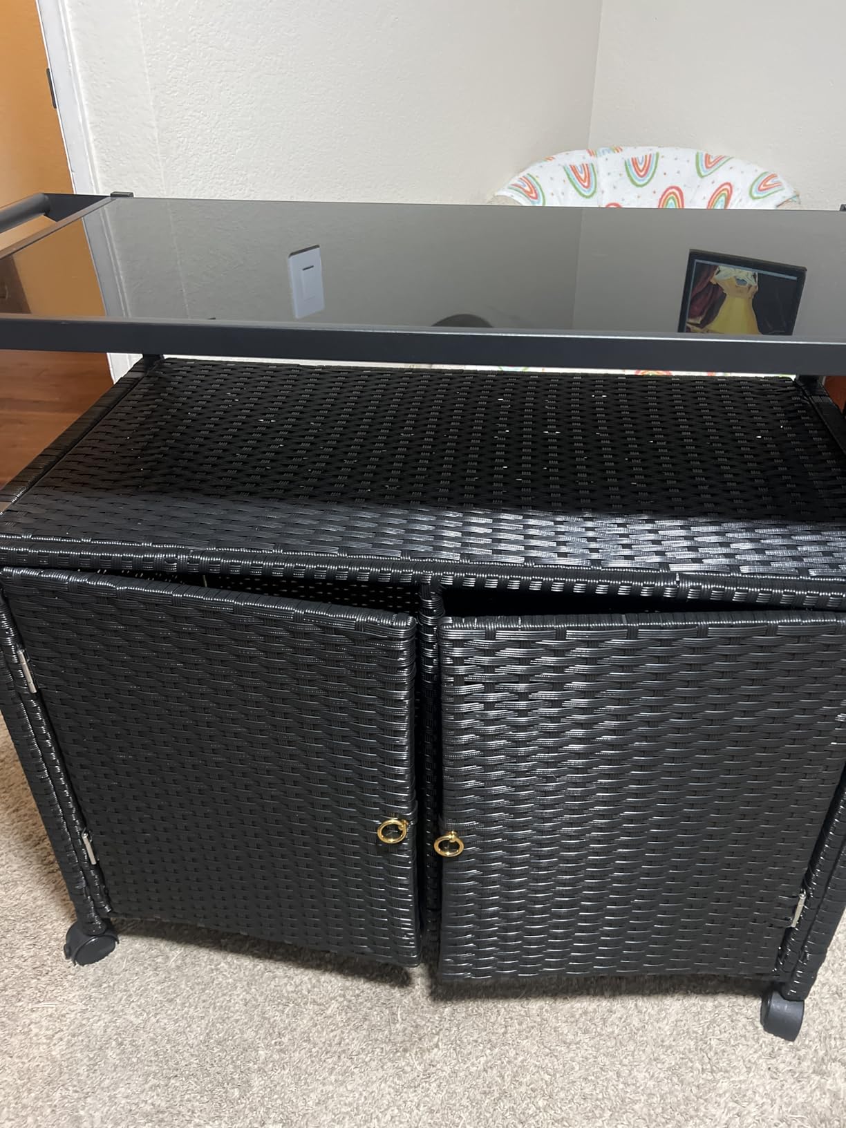 MU Outdoor Bar Cart with Storage and Wheels, Outdoor Bar Table with Tempered Glass Top & Shelf, Rolling Wicker Storage Cabinet with Rounded Handle & Side Basket for Backyard, Poolside, Garden, Black customer photo 1