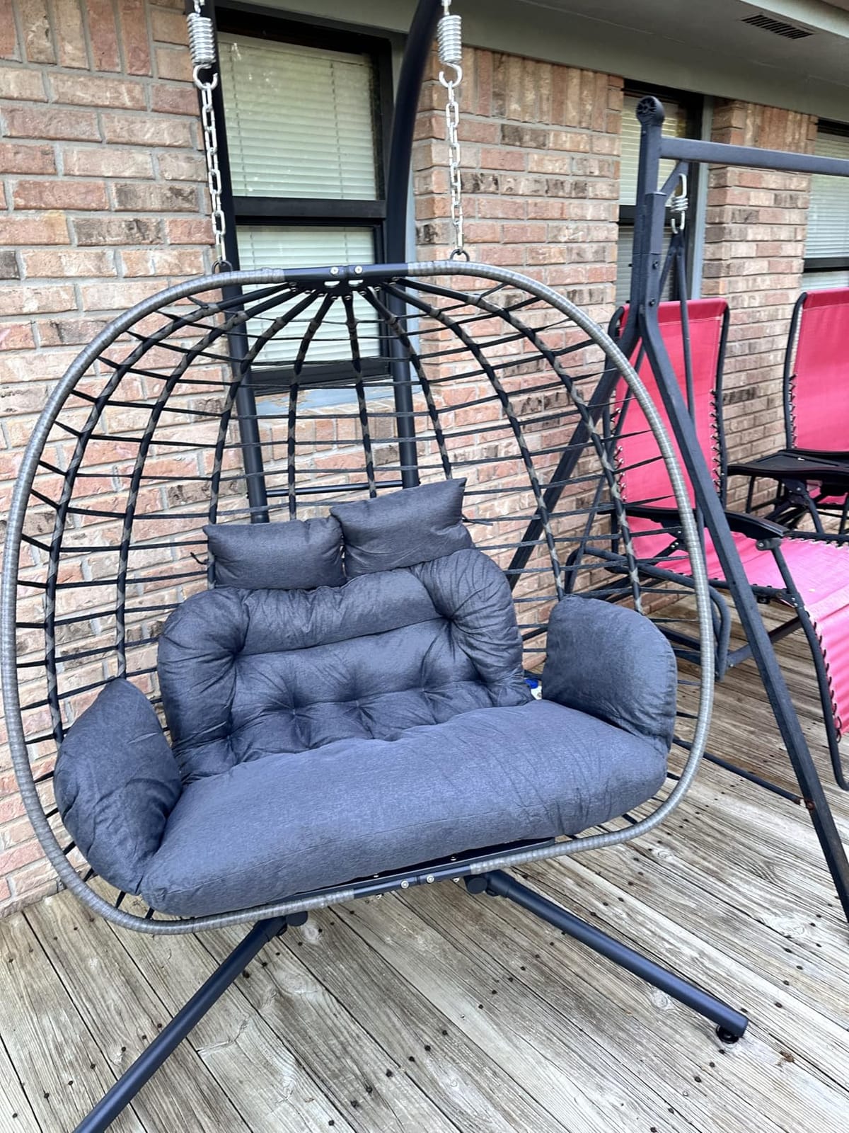 SWITTE Double Egg Swing Chair with Stand, Outdoor Patio 2 Person Hanging Wicker Hammock Chairs with Cushion for Indoor Bedroom, Lawn, Garden-Dark Grey customer photo 2
