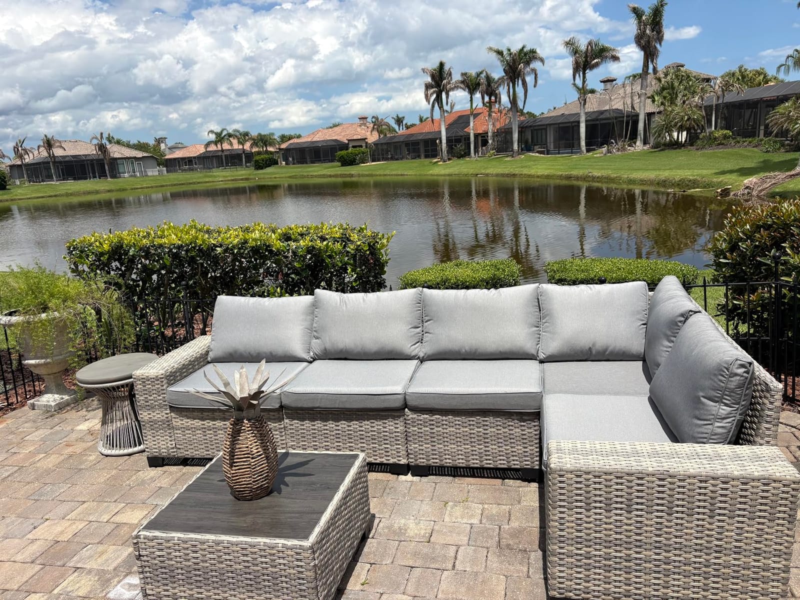 Outdoor Patio Furniture Set PE Wicker Rattan Outdoor Sectional Sofa | Patio Conversation Set with Chunky Arms Thickened Cushions & Glass Coffee Table for Garden, Backyard, Poolside, Beige customer photo 2