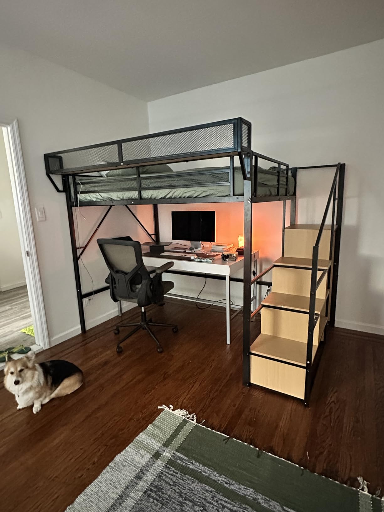 Queen Size Loft Bed with Stairs and Storage, Metal Loft Bed Frame with Bedside Shelf and Large Under-Bed Space, Heavy-Duty Bed for Adults Teens and Kids, Convertible Staircase, Black customer photo 1