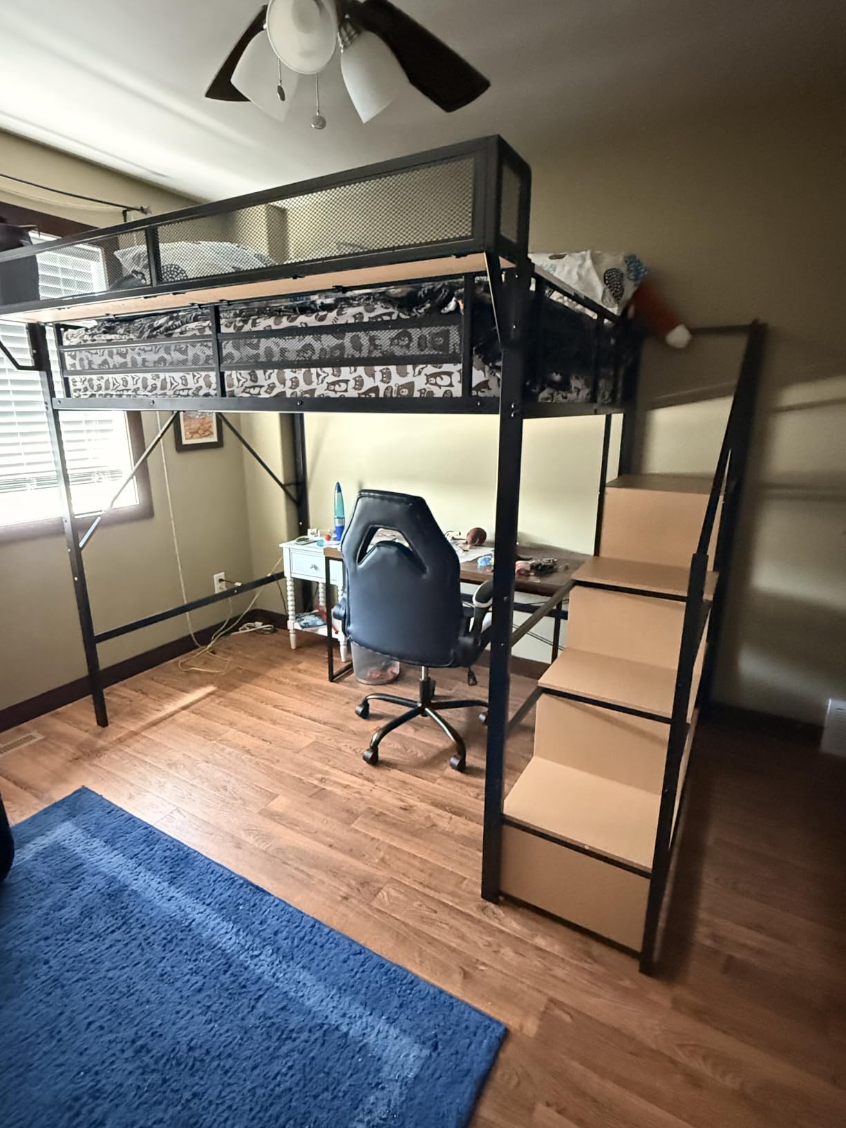Queen Size Loft Bed with Stairs and Storage, Metal Loft Bed Frame with Bedside Shelf and Large Under-Bed Space, Heavy-Duty Bed for Adults Teens and Kids, Convertible Staircase, Black customer photo 2