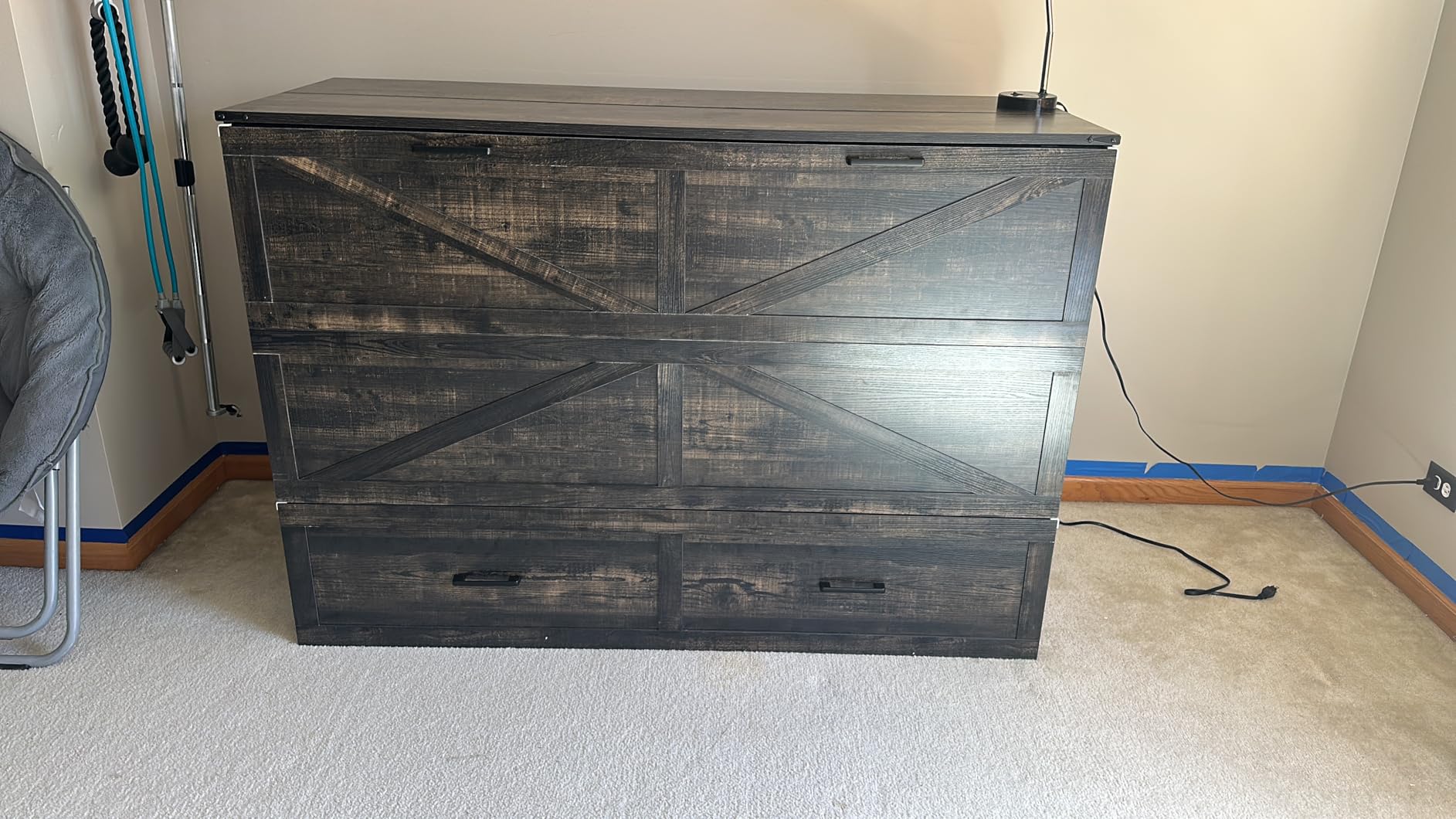 Bellemave Queen Murphy Bed, Cabinet Bed with Charging Station and Storage, Farmhouse Murphy Cabinet with Foldable Panel, Noisy Free, for Guest Bedroom, Living Room, Office, Rustic Gray customer photo 2