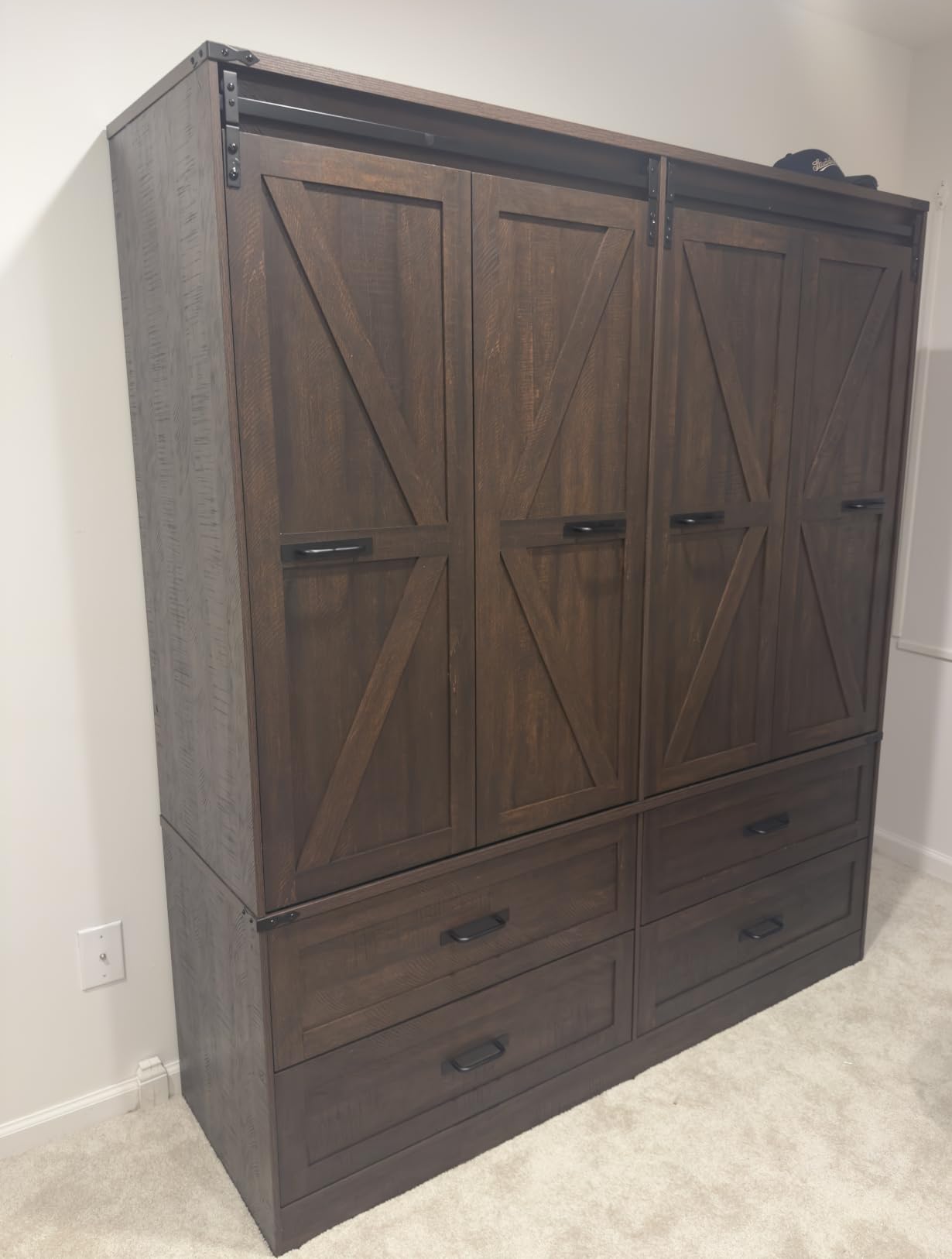 Farmhouse 4 Doors Armoire Wardrobe Closet w/Folding Sliding Barn Door and Lights, LED Armoire Closet w/Drawers for Bedroom, Freestanding Wooden Wardrobe Storage Closets w/Hanging Rod,Rustic Brown customer photo 1
