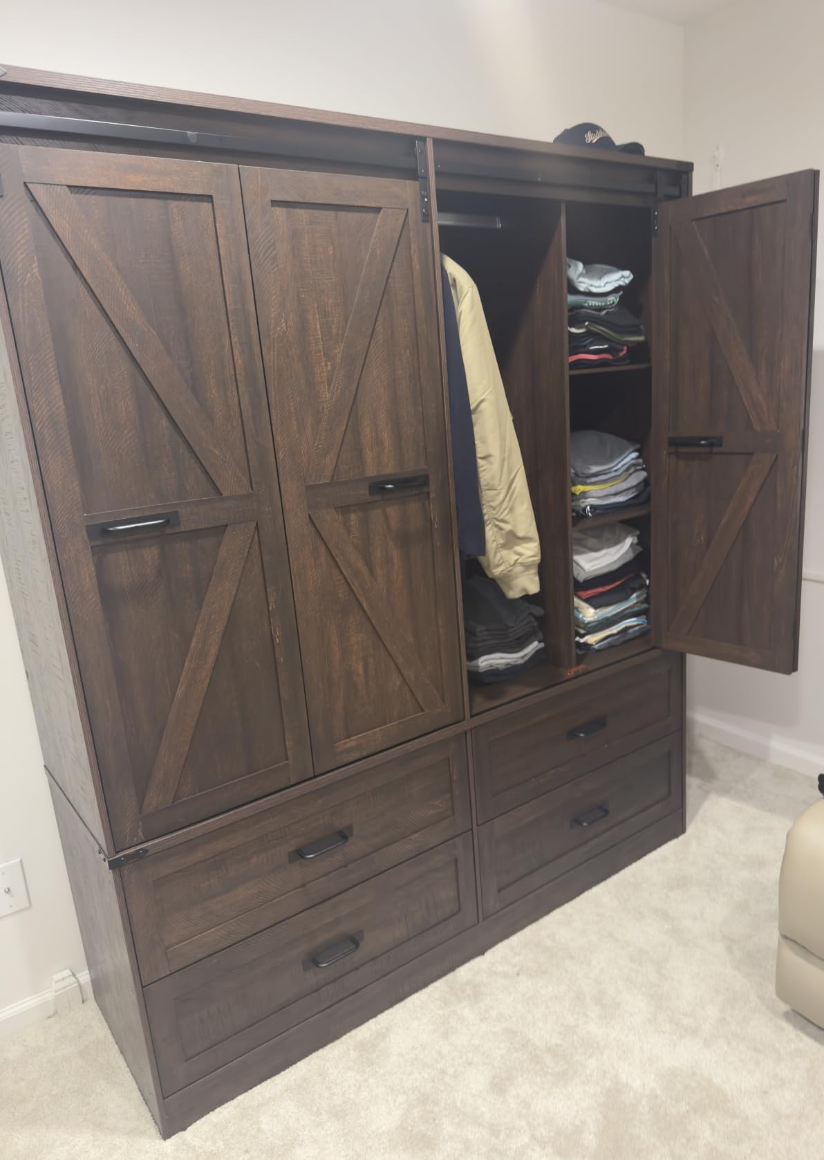 Farmhouse 4 Doors Armoire Wardrobe Closet w/Folding Sliding Barn Door and Lights, LED Armoire Closet w/Drawers for Bedroom, Freestanding Wooden Wardrobe Storage Closets w/Hanging Rod,Rustic Brown customer photo 2