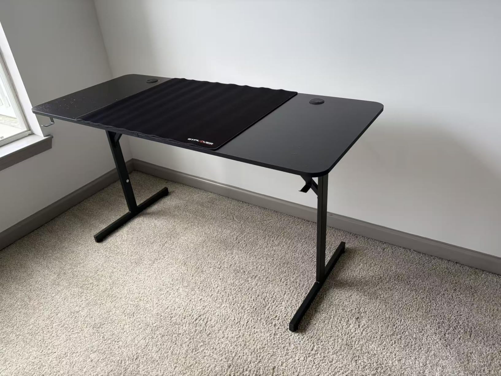 GTPLAYER 55 Inch Gaming Desk with LED Lights, Large Computer Desk with Mouse Pad for Home Office, T-Shaped Carbon Fibre Surface PC Game Workstations with Headphone Hook customer photo 2