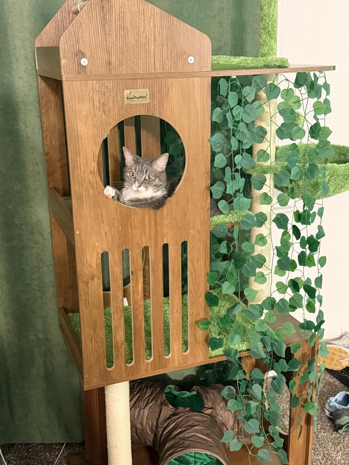 FourFurPets Large Cat Tree with Leaves, 72.8-Inch Cat Tower for Indoor Cats, Modern Cat Tree with Scratching Post, Large Perch, Tunnels, Swing Ball, Self Groomer, Greige customer photo 1
