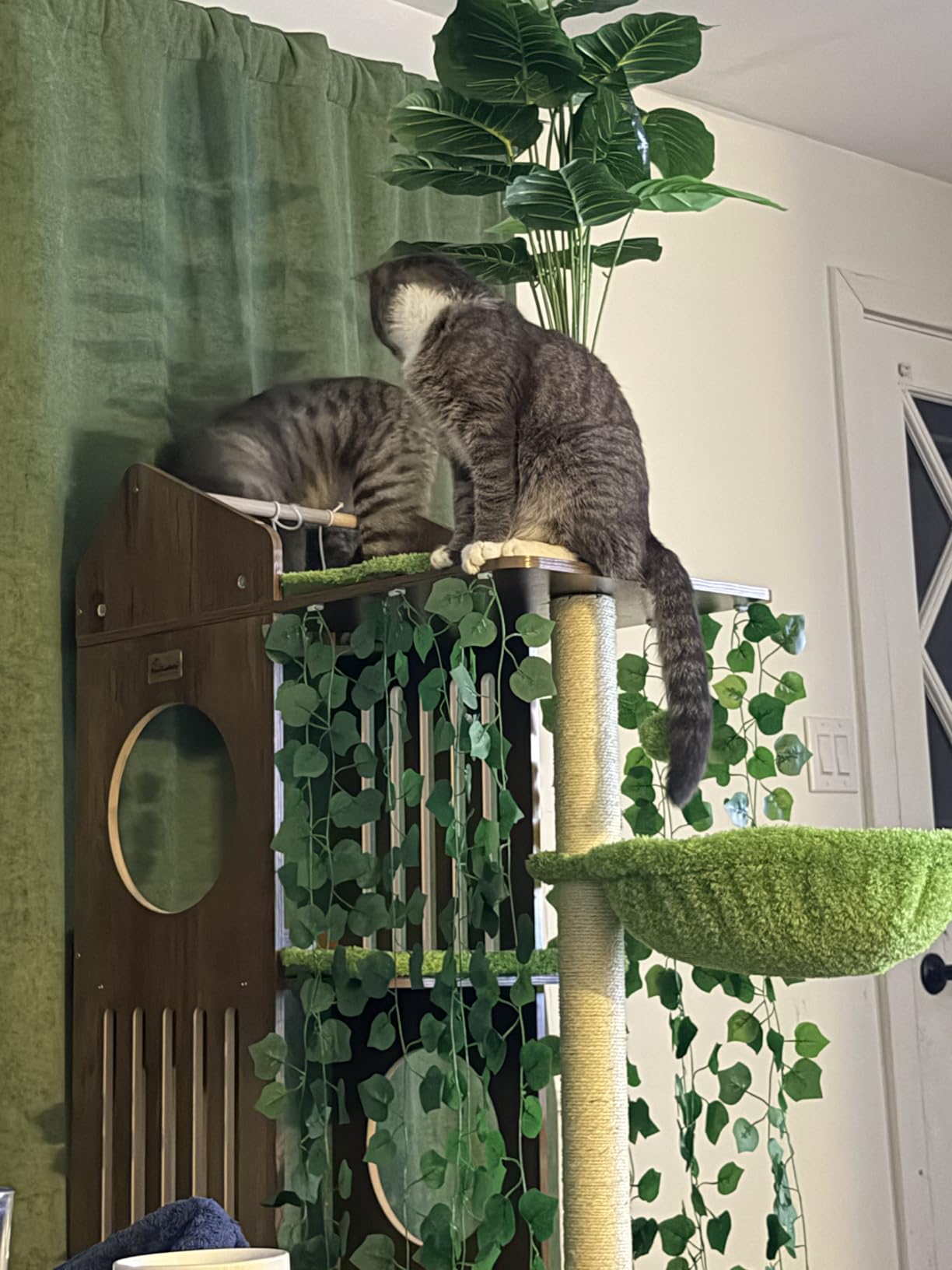FourFurPets Large Cat Tree with Leaves, 72.8-Inch Cat Tower for Indoor Cats, Modern Cat Tree with Scratching Post, Large Perch, Tunnels, Swing Ball, Self Groomer, Greige customer photo 2