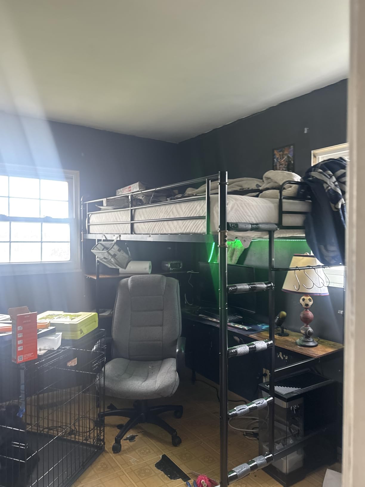Twin Size Loft Bed with L-Shaped Desk, LED Lights, Charging Station, Industrial Heavy Duty Metal Loft Bed Frame with 3 Storage Shelves and 3 Fabric Drawers, Safety Guard & Ladder, Vintage Brown customer photo 2