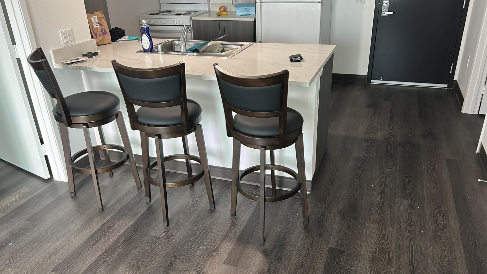 PrimeZone Swivel Bar Stools Set of 3, 26 Inch Counter Height Barstools | Black Faux Leather, High Backrest, Solid Rubberwood Frame, Wrap-around Footrest, Counter Stools for Kitchen Island, Pub customer photo 1