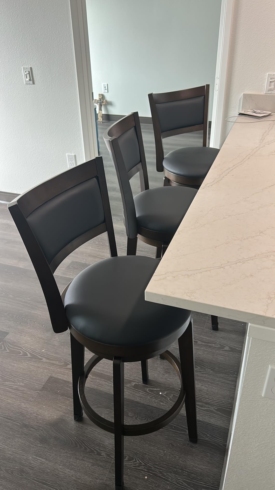 PrimeZone Swivel Bar Stools Set of 3, 26 Inch Counter Height Barstools | Black Faux Leather, High Backrest, Solid Rubberwood Frame, Wrap-around Footrest, Counter Stools for Kitchen Island, Pub customer photo 2