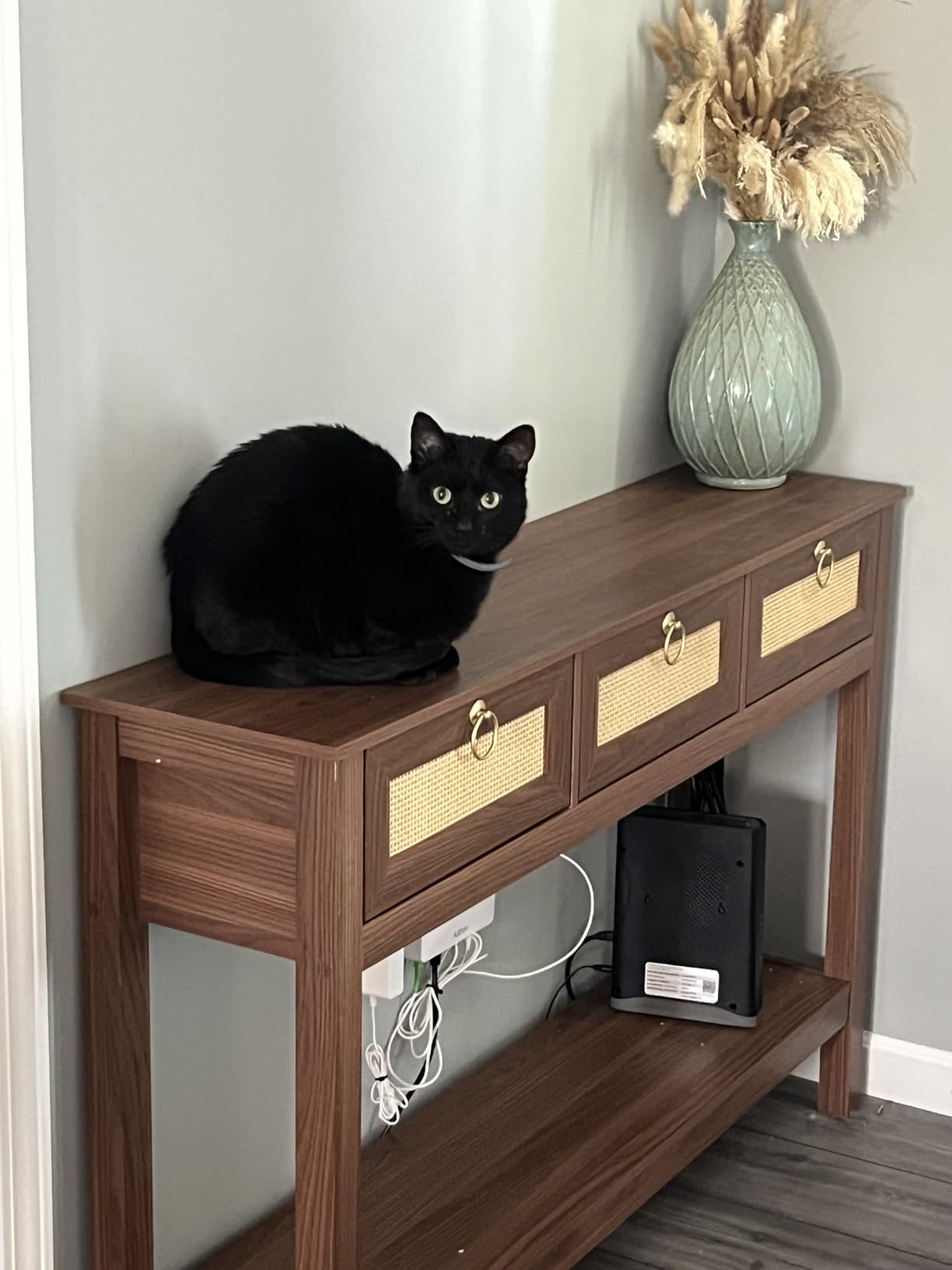 SUPERJARE Rattan Console Sofa Table with Outlets and USB-C Port, 3 Drawer Entryway Table with Synthetic Rattan Surface, Open Shelf, Behind Couch Entry Foyer Hallway Storage, Natural customer photo 1