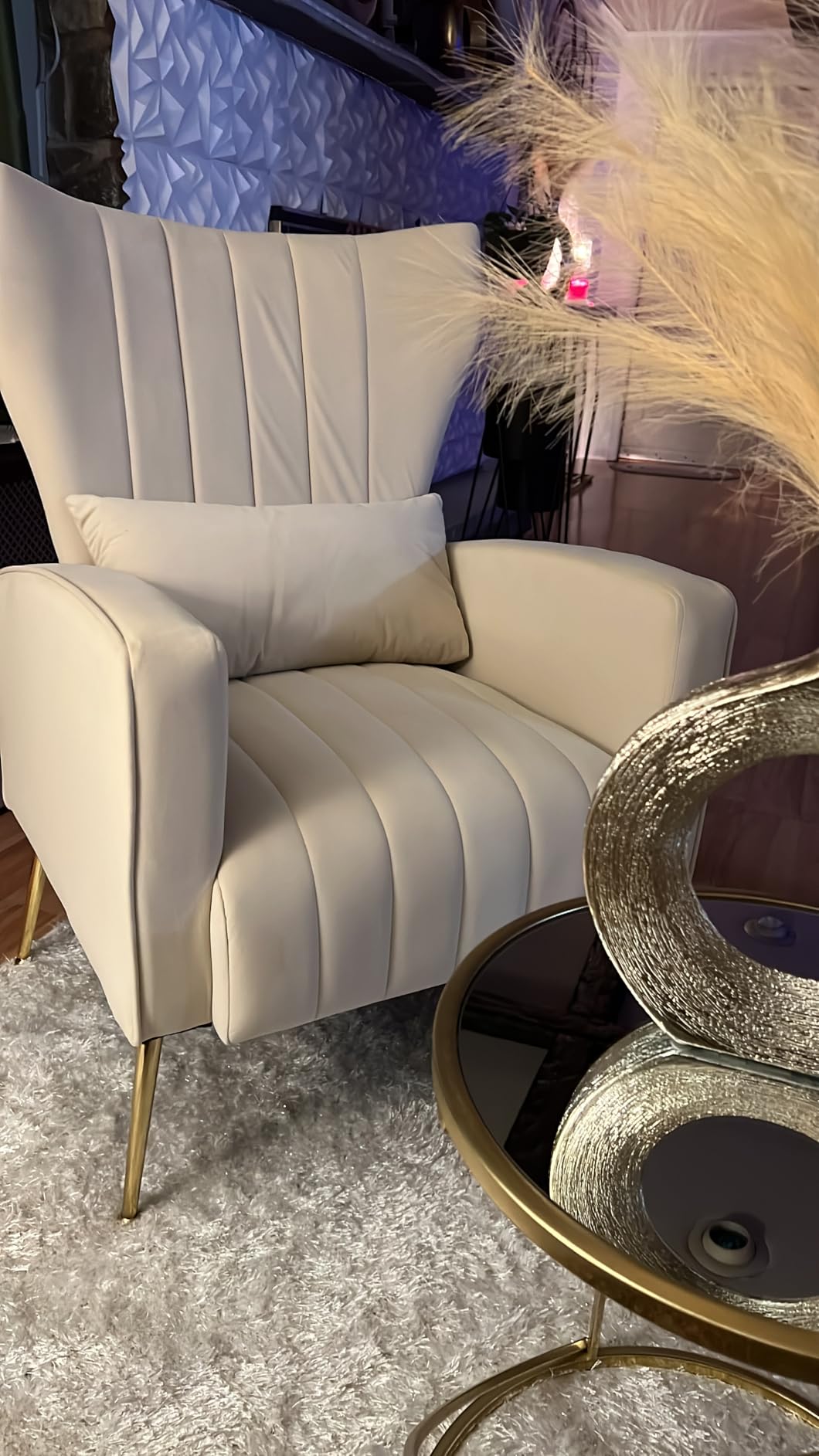 Velvet Accent Chair Set of 2, Wingback Armchair for Living Room, High Back Reading Chair with Golden Legs Lumbar Pillow, Upholstered Single Sofa Comfy for Bedroom, Apartment, Small Spaces, Beige customer photo 2