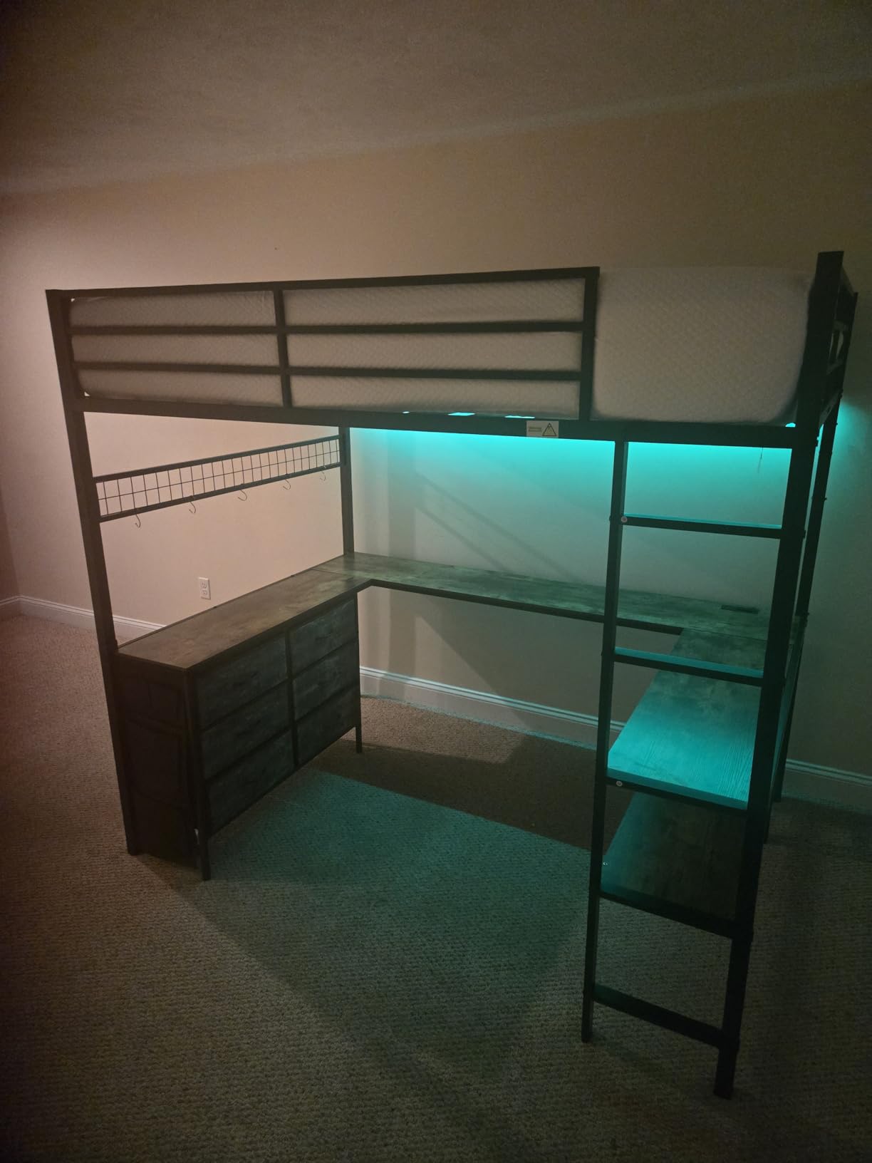 ADORNEVE Loft Bed Full Size with U-Shaped Desk, 6 Storage Drawers, Power Outlet, LED Metal Loft Bed with 2 Storage Shelves, Bed with Safety Guardrail & Ladders,Space-Saving,White customer photo 1