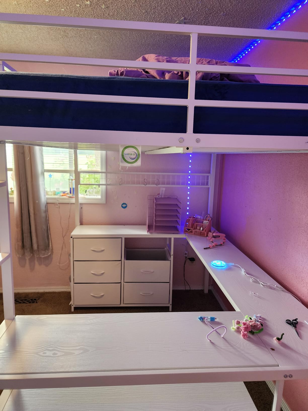 ADORNEVE Loft Bed Full Size with U-Shaped Desk, 6 Storage Drawers, Power Outlet, LED Metal Loft Bed with 2 Storage Shelves, Bed with Safety Guardrail & Ladders,Space-Saving,White customer photo 2