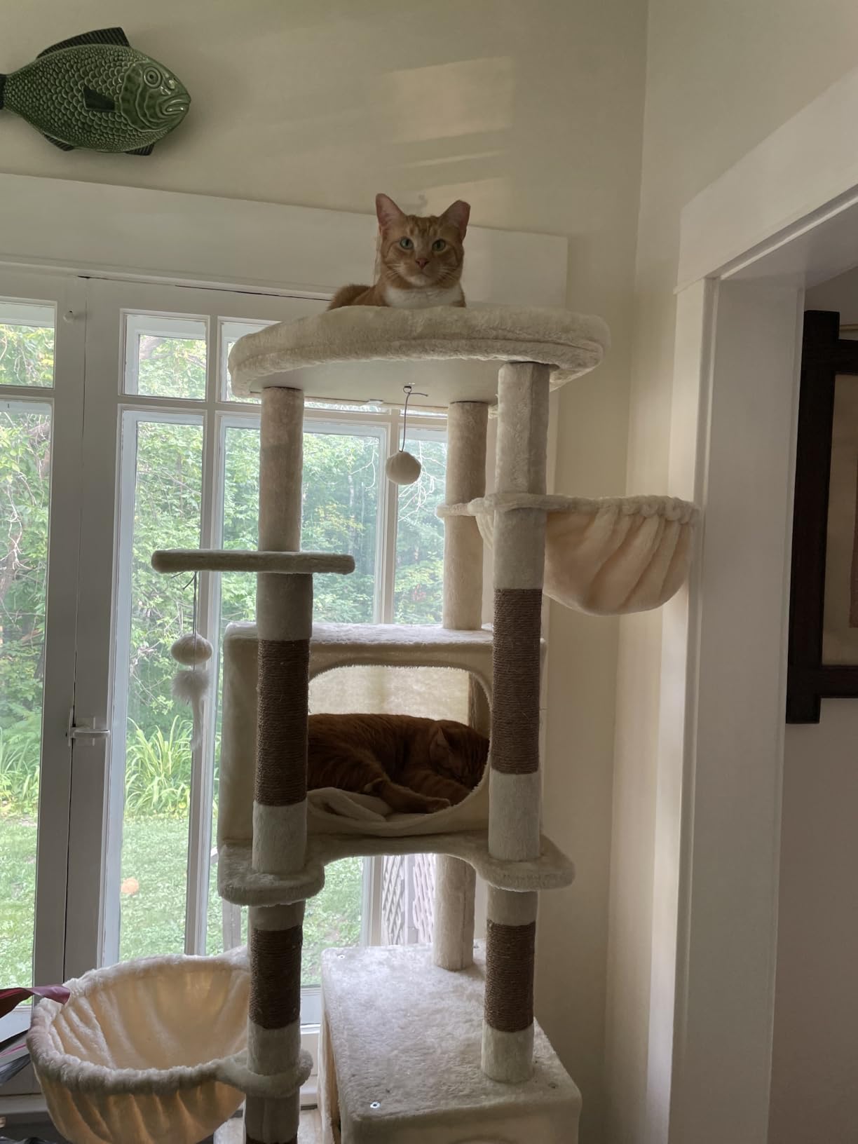 Globlazer Heavy Duty Cat Tree, 74in Tall Sturdy Cat Tower for Large Cats Adult Big Cat Tree with 7 Scratching Posts, 2 Condos with Pad, 2 Dual-Ear Hanging Baskets, Enlarged Top Perch, S74, Light Grey customer photo 1