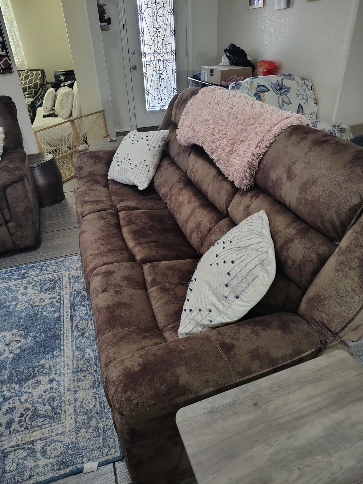 EBELLO Reclining Sofa for Living Room, Extra Wide Modern Overstuffed 3 Seat Recliner Manual Sofa Chair, Breathable Soft Fabric and Padded Seat, Brown customer photo 2