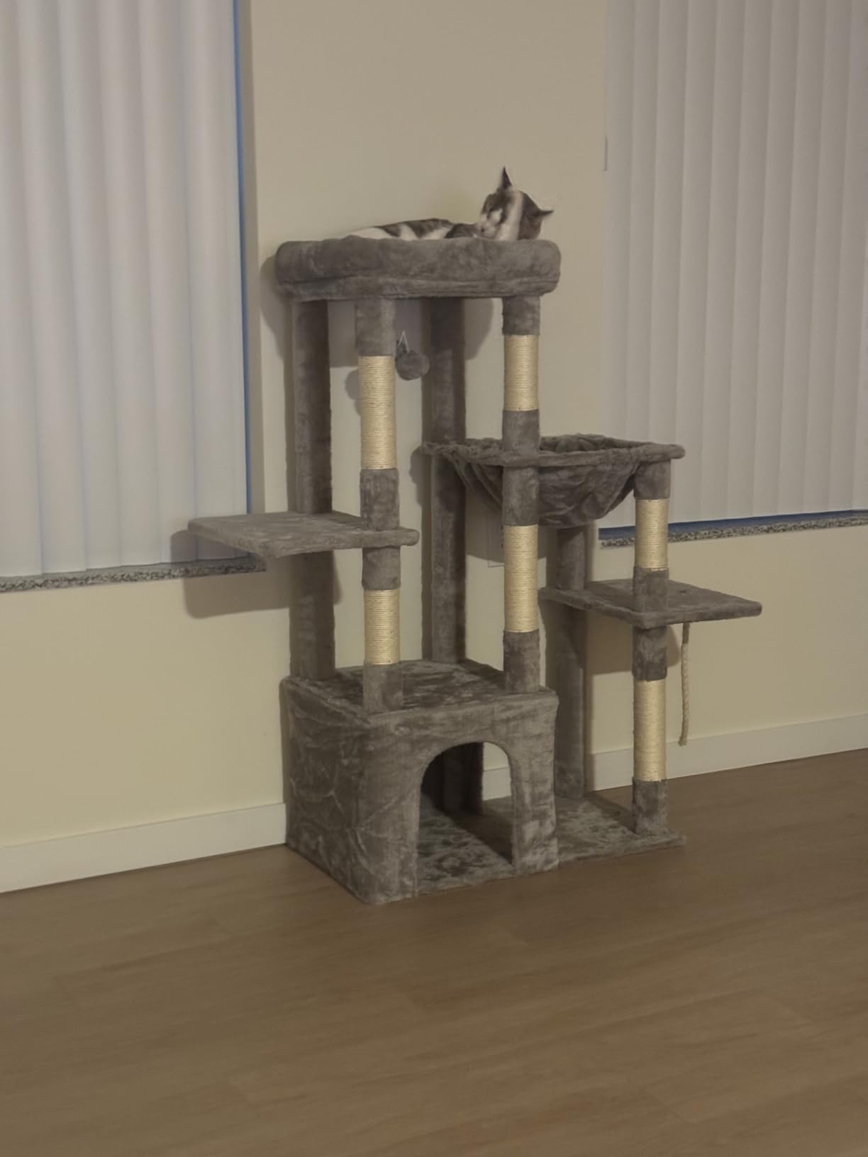 Heybly Heavy Duty Cat Tree with Large Base for Large Indoor Cats HCT026W | Cat Tower with Scratching Posts, Tall Cat Condo House, Multi-Level Plush Furniture with Hammock & Toy Balls, Light Gray customer photo 2
