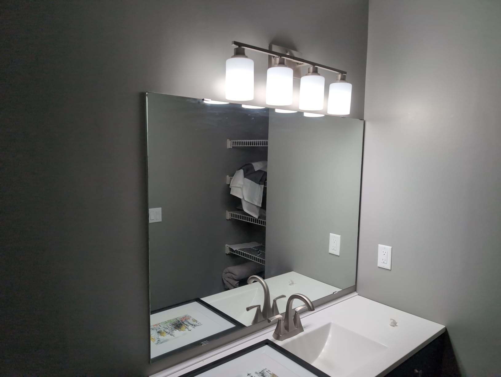 Ascher Bathroom Light Fixtures, 4-Light Vanity Light Over Mirror, Brushed Nickel Wall Sconces with Milky White Frosted Glass Shades, Wall Lamp for Living Room Bedroom, E26 Base (Bulbs Not Included) customer photo 2