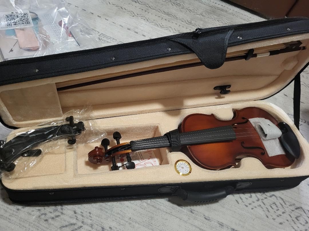 Kmise Violin 4/4 Full Size Starter Kit for Students Beginners Adults, Quality Ebony Acoustic Fiddle Set with Hard Case, Bow, Rosin, Extra Strings, Shoulder Rest, Guide & Chart customer photo 2