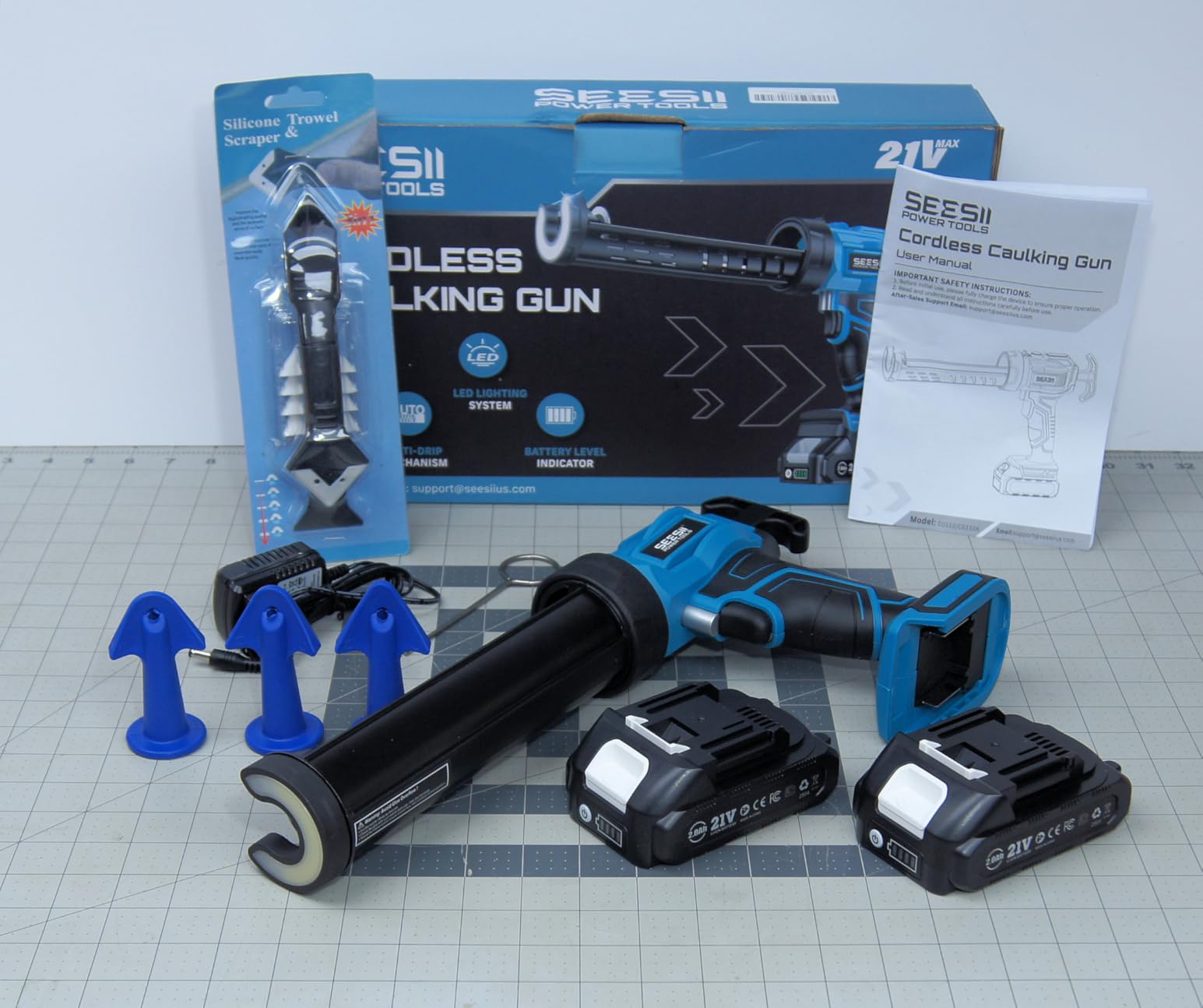 SEESII Cordless Caulking Gun w/2 x 2.0Ah Batteries | 21V Battery Powered Caulk Gun, Electric Caulking Gun, 9Pcs Caulk Remover Tool, LED Light, Auto Retract for Filling, Sealing customer photo 2