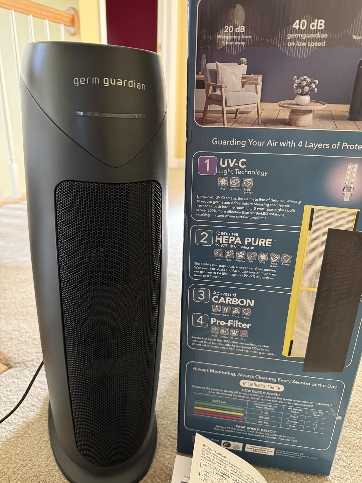 GermGuardian HEPA Indoor Large Room Air Purifier for Home - Pet Dander, Dust, Pollen, Smoke, and Odors in Bedroom, Office, and Kitchen - Air Quality Monitor and UV-C Light Combo - Gray customer photo 1