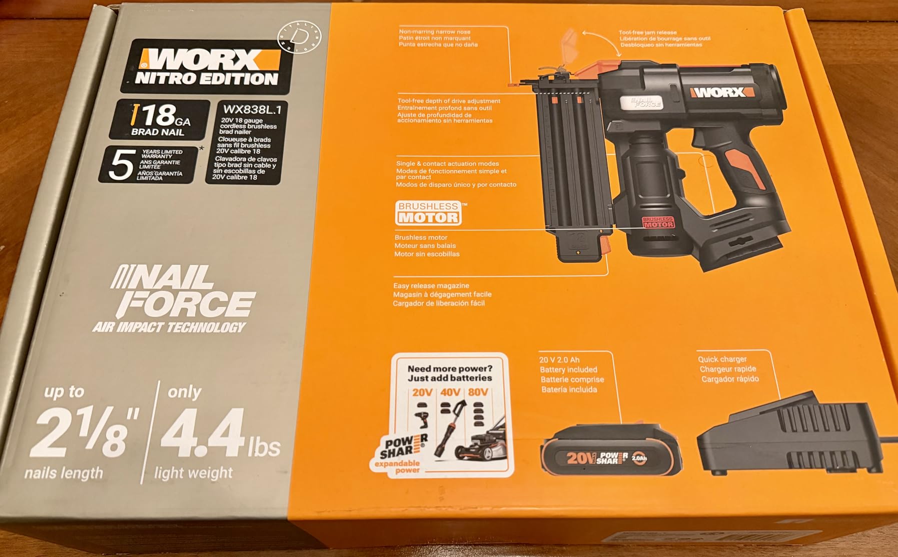 WORX Cordless Brad Nailer, 20V 18GA Brushless Nail Gun, WX838L.1 | Drives up to 2-1/8 in into Hardwood, Narrow Nose and 3 LEDs, 3000 Nails, 2.0Ah Battery and Charger Included, PowerShare customer photo 2
