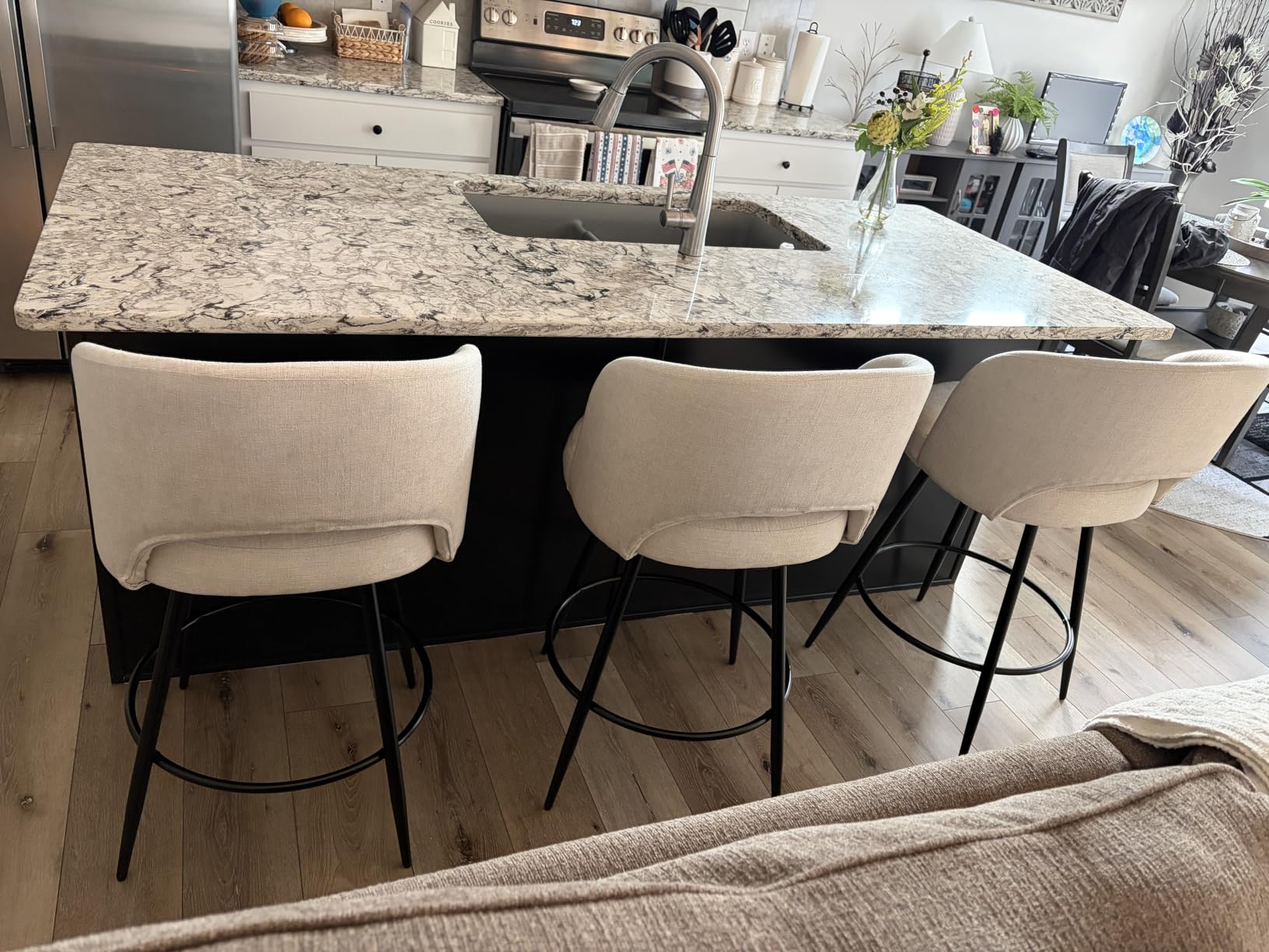 LUE BONA 26''H Swivel Bar Stools Set of 3, Counter Height Bar Stools with Backs, Lumbar Pillow and Black Metal Frames, Upholstered Modern Barstools for Kitchen Island, Linen Fabric, Linen Color customer photo 1