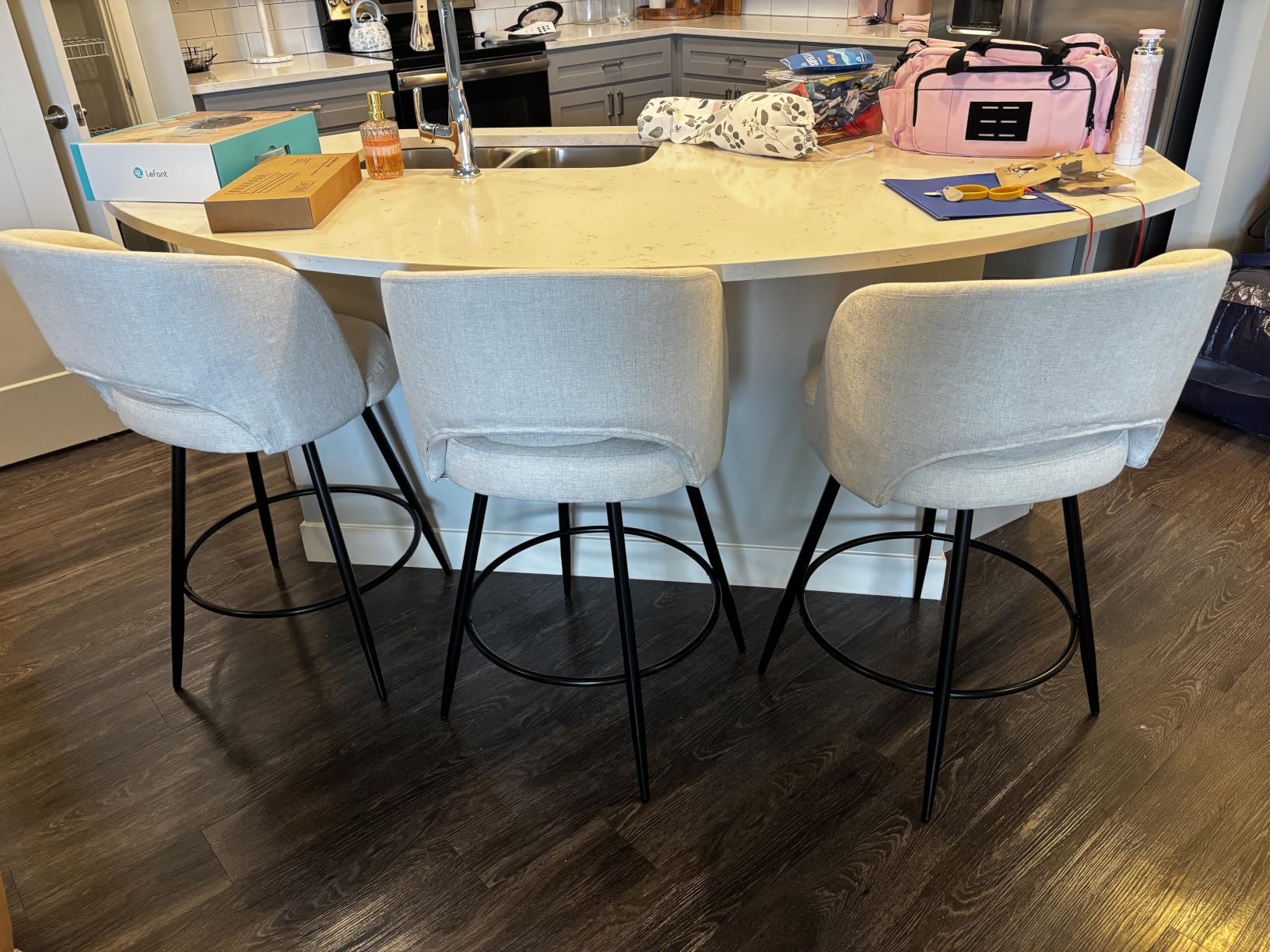 LUE BONA 26''H Swivel Bar Stools Set of 3, Counter Height Bar Stools with Backs, Lumbar Pillow and Black Metal Frames, Upholstered Modern Barstools for Kitchen Island, Linen Fabric, Linen Color customer photo 2