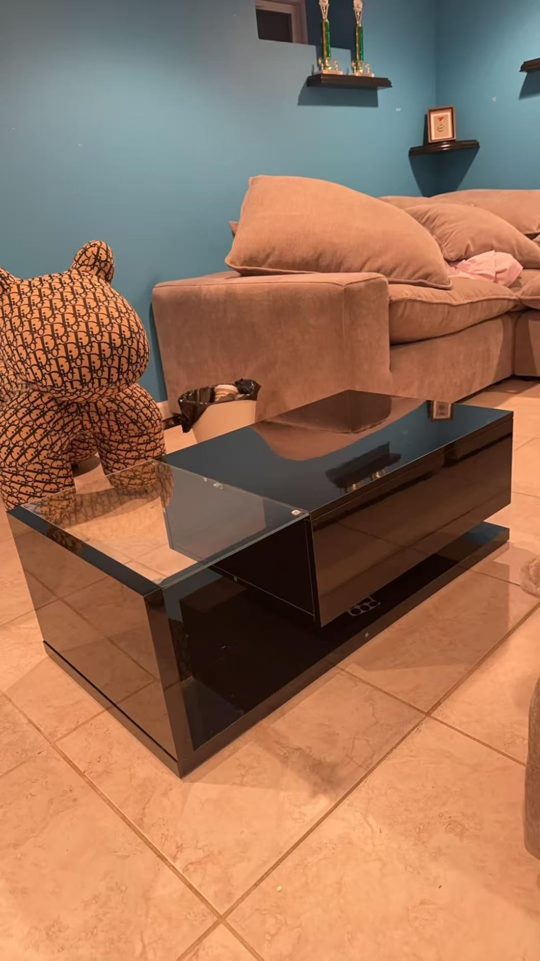 holzart Compact Low-Profile Coffee Table with LED Lights & Storage, 39.4