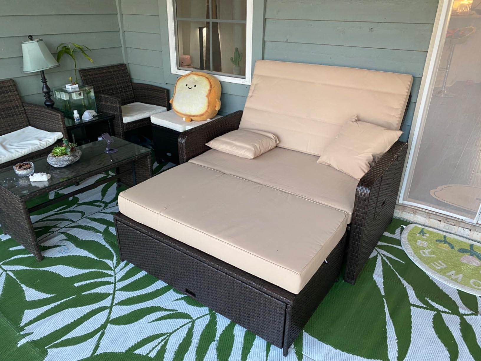 RELAX4LIFE Wicker Patio Outdoor Daybed - Rattan Day Bed Lounger w/Loveseat & Storage Ottoman, Sunbed Sofa Set w/Cushions, 4-Level Adjustable Backrest & 2 Retractable Trays, Patio Daybed (White-Black) customer photo 1