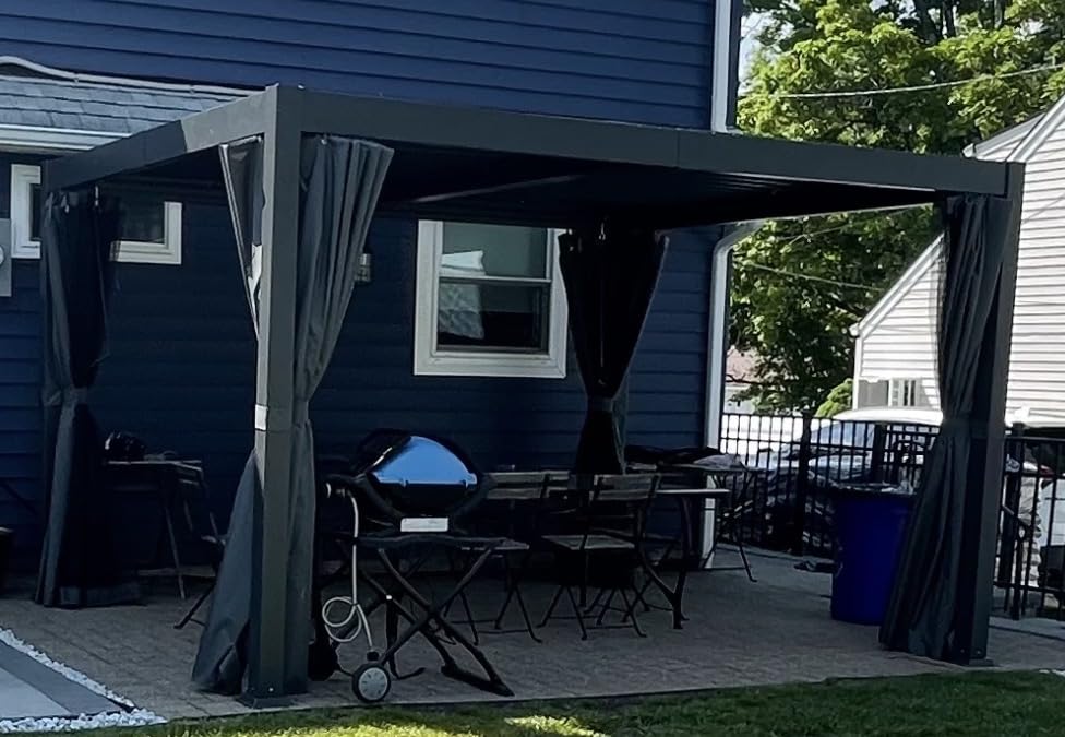 10' x 12' Louvered Pergola, Aluminum Frame Outdoor Pergola with Curtains & Netting, Adjustable Louvered Roof & Integrated Gutter System, Hardtop Patio Gazebo for Backyard, Patio, Garden, Dark Gray customer photo 1