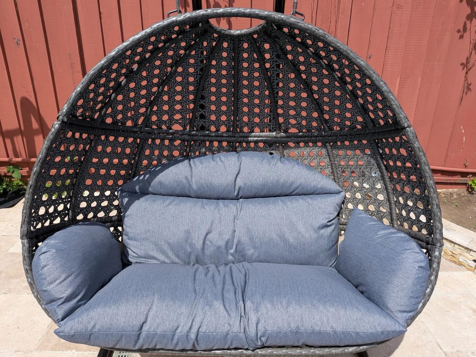 2 Person Egg Chair with Stand, Oversized Wicker Hanging Loveseat, Heavy-Duty Steel Frame, Extra-Thick Cushion, Rain Cover Included, All-Weather Indoor Outdoor Patio Swing Chair, Dark Grey customer photo 1
