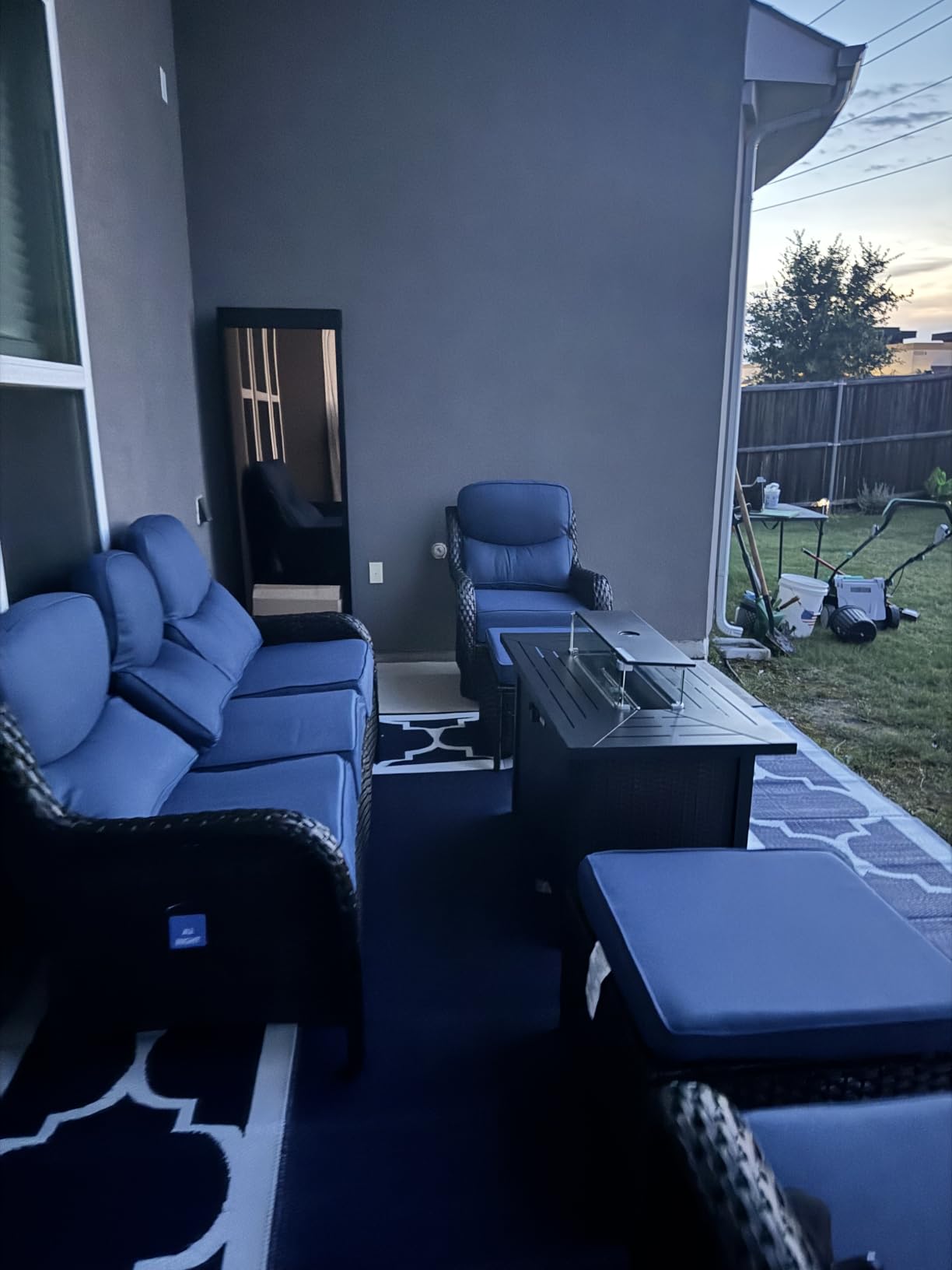 Luxury Patio Furniture Set with Fire Pit Table-4 Pieces High Back Wicker Swivel Rocker Chairs with 6