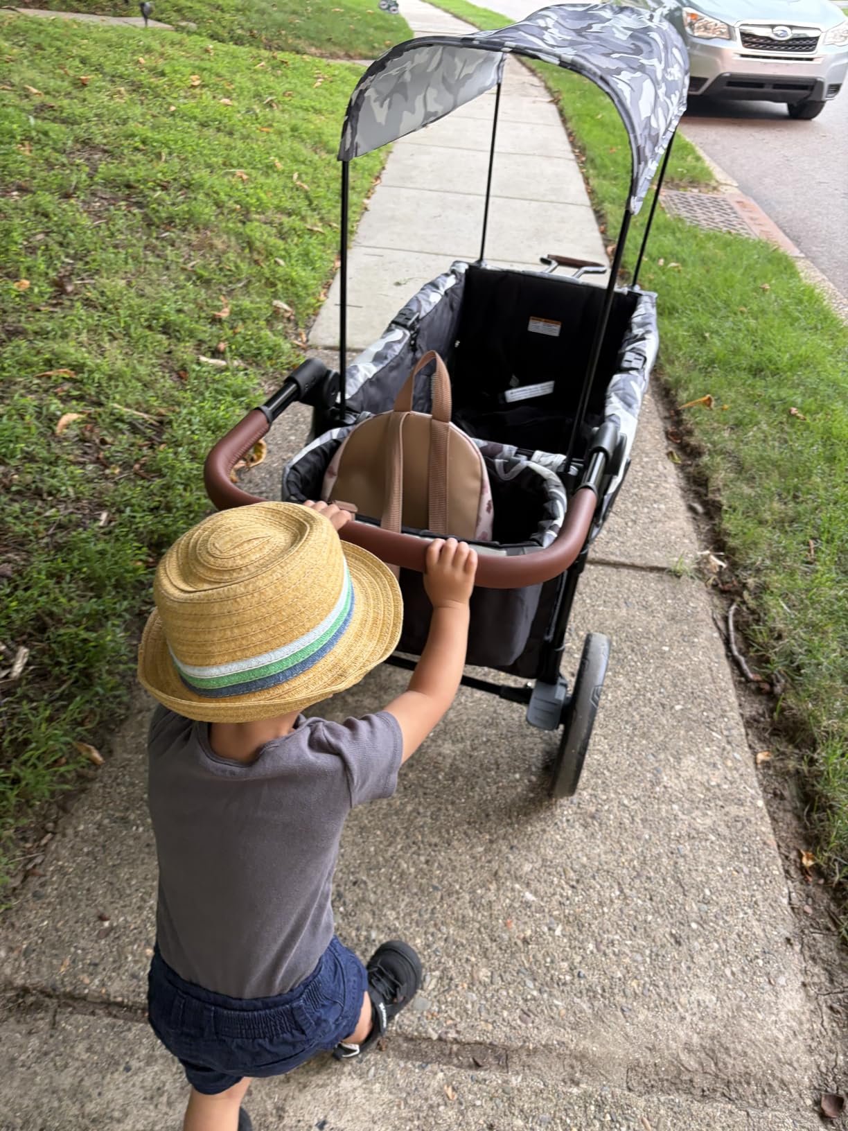 ELEMARA All-Terrain Stroller Wagon for 2 Kids, Foldable Kids Wagon Stroller Includes Removable Canopy, Mosquito net, Adjustable Push & Pull Handle, Snack Tray & Cup Holders, Storage Basket, Grey+Black customer photo 1
