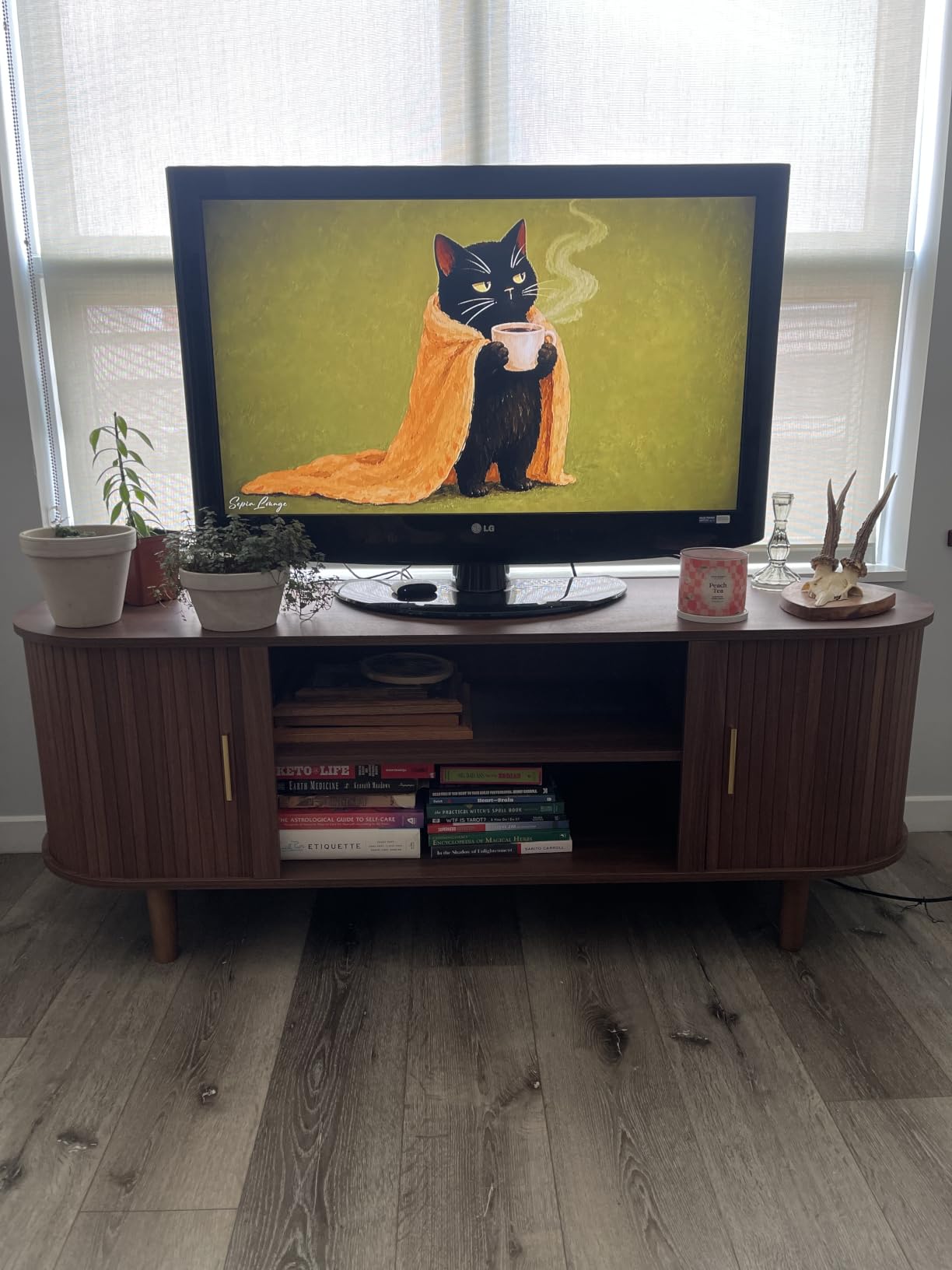 VASAGLE TV Stand for 65-Inch TVs, Mid Century Entertainment Center with Storage, Fluted Sliding Doors, Media Console Table for Living Room, Bedroom, Chestnut Walnut ULTV633K101 customer photo 2