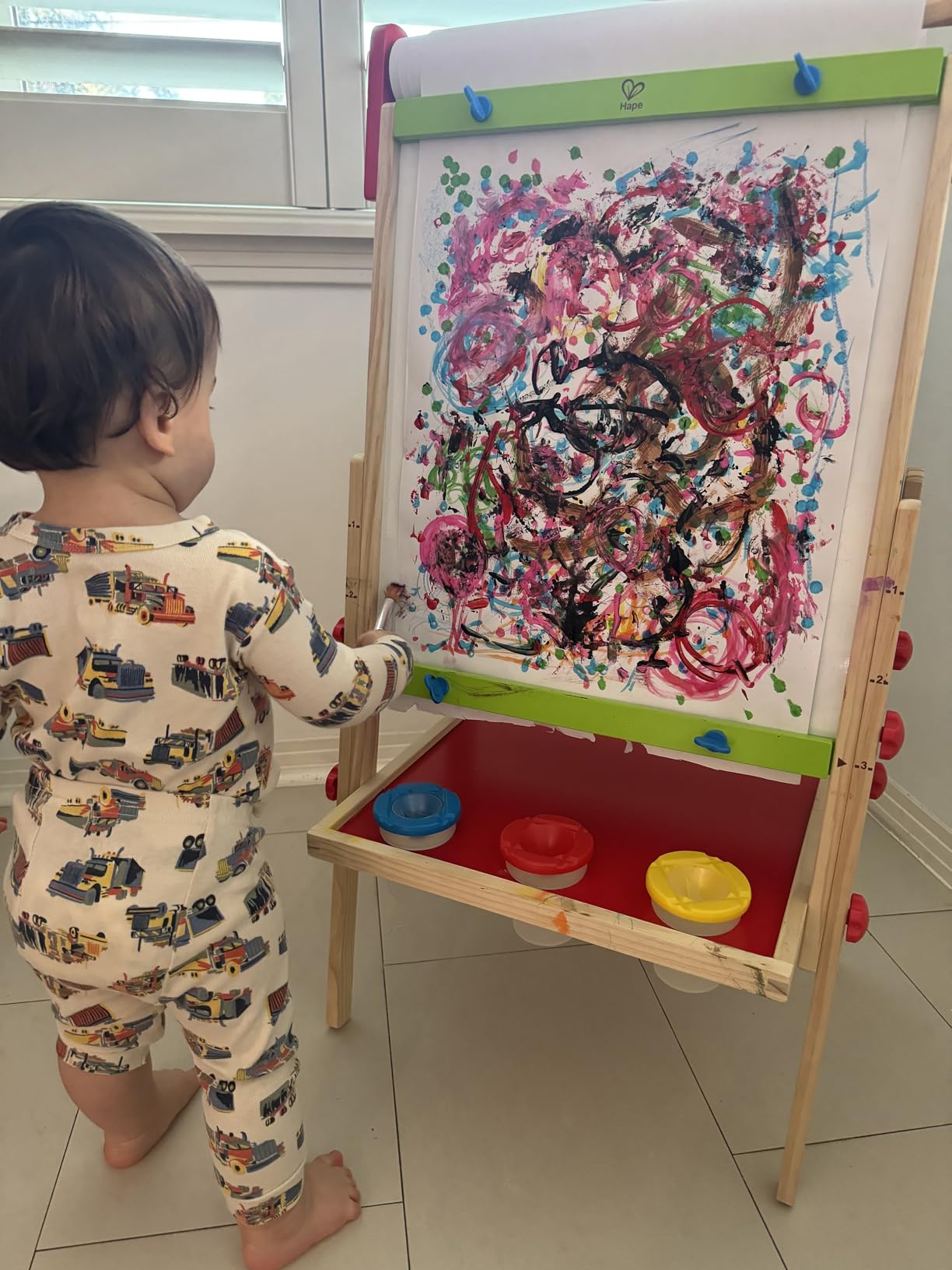 Hape E1010 Magnetic All in 1 Kids Height Adjustable Drawing Dry-Erase Chalkboard Wooden Artist Easel with 3 Paint Pots and Refillable Paper Roll customer photo 1